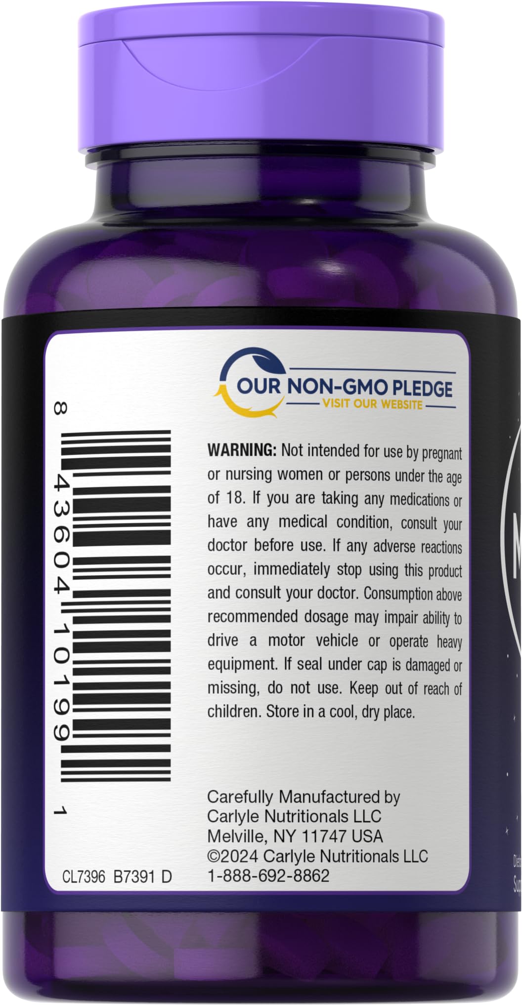 Carlyle Melatonin bottle with foil seal emphasizing freshness and quality control