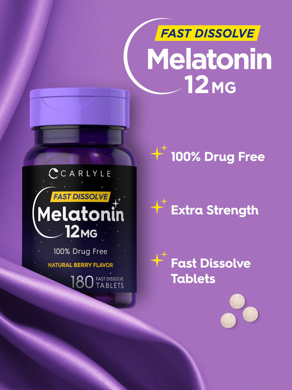Carlyle Melatonin bottle and label highlighting non-GMO and gluten-free.
