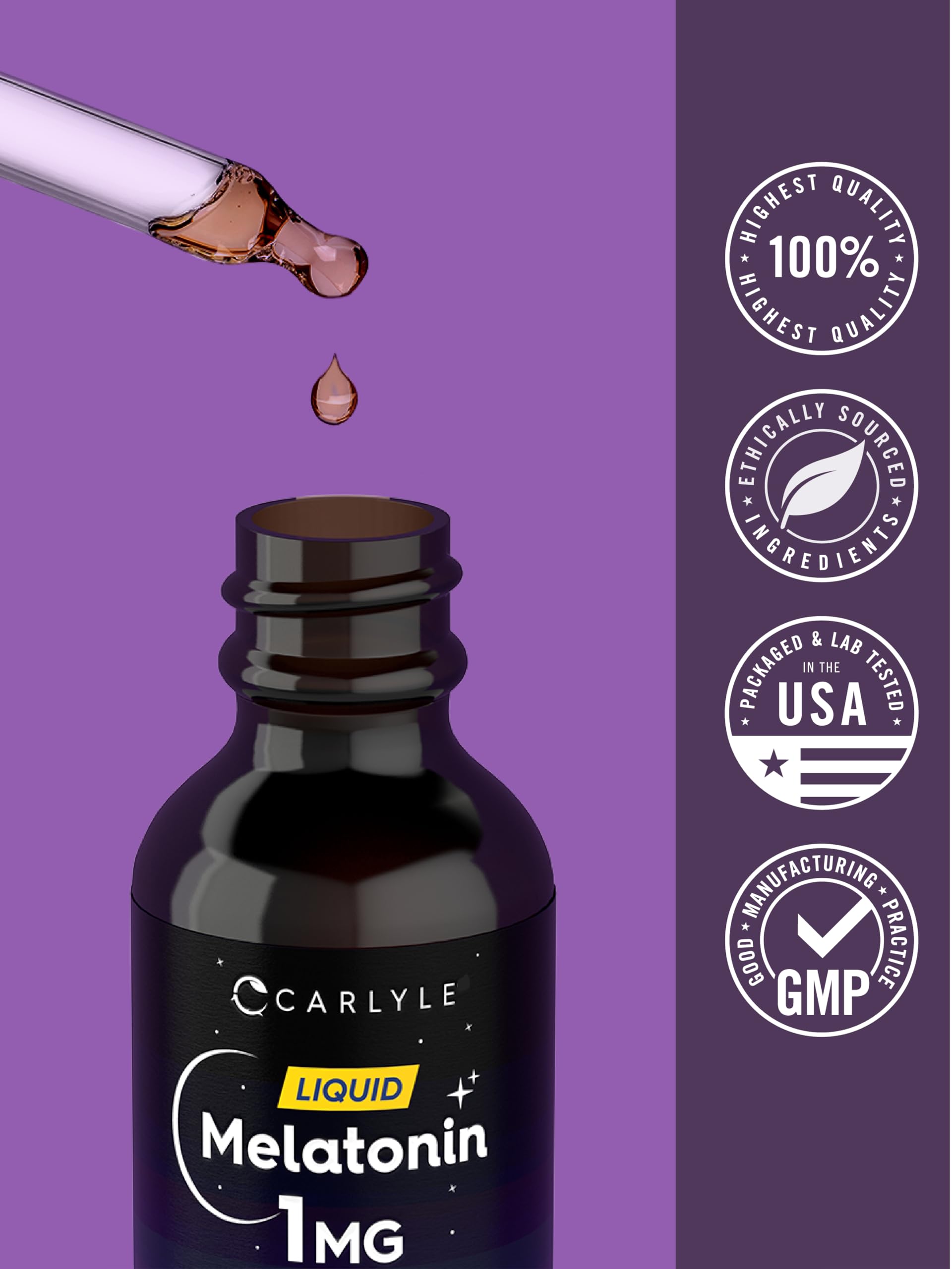 Non-GMO, gluten-free Carlyle Melatonin Liquid 1mg label
