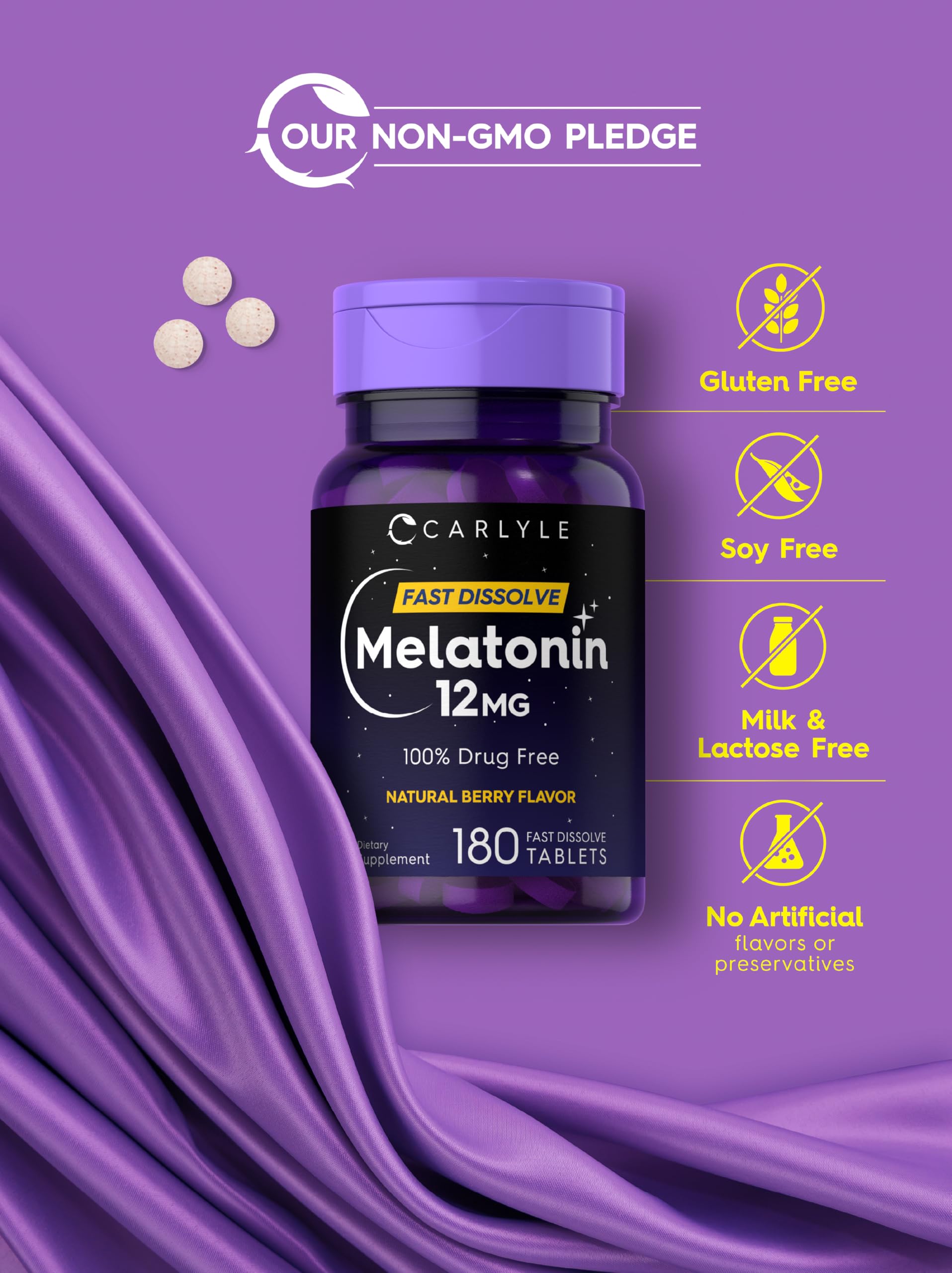 Carlyle Melatonin illustration with vegetarian icons, gluten-free emphasis.