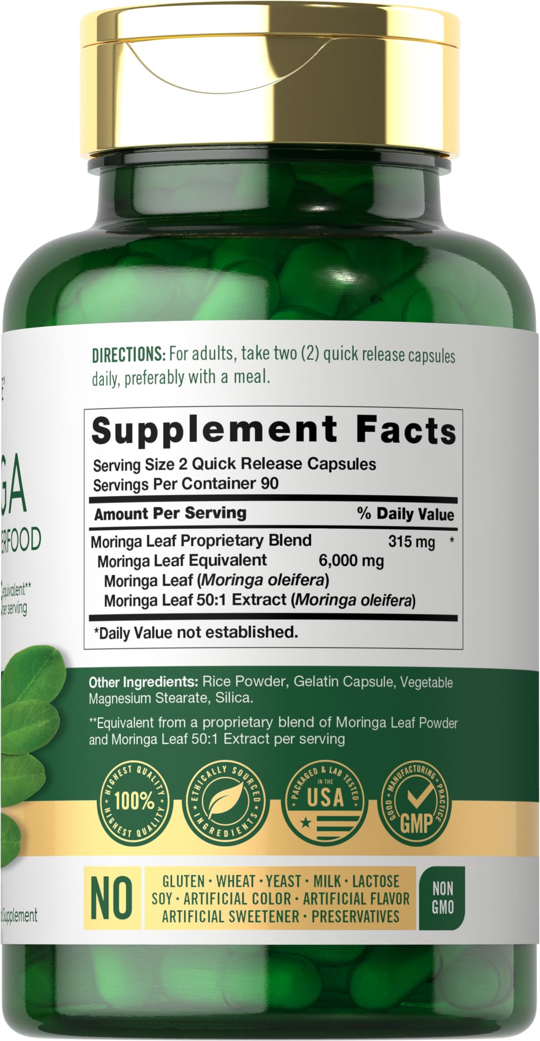 Carlyle Moringa Oleifera bottle label with non-GMO and gluten-free icons