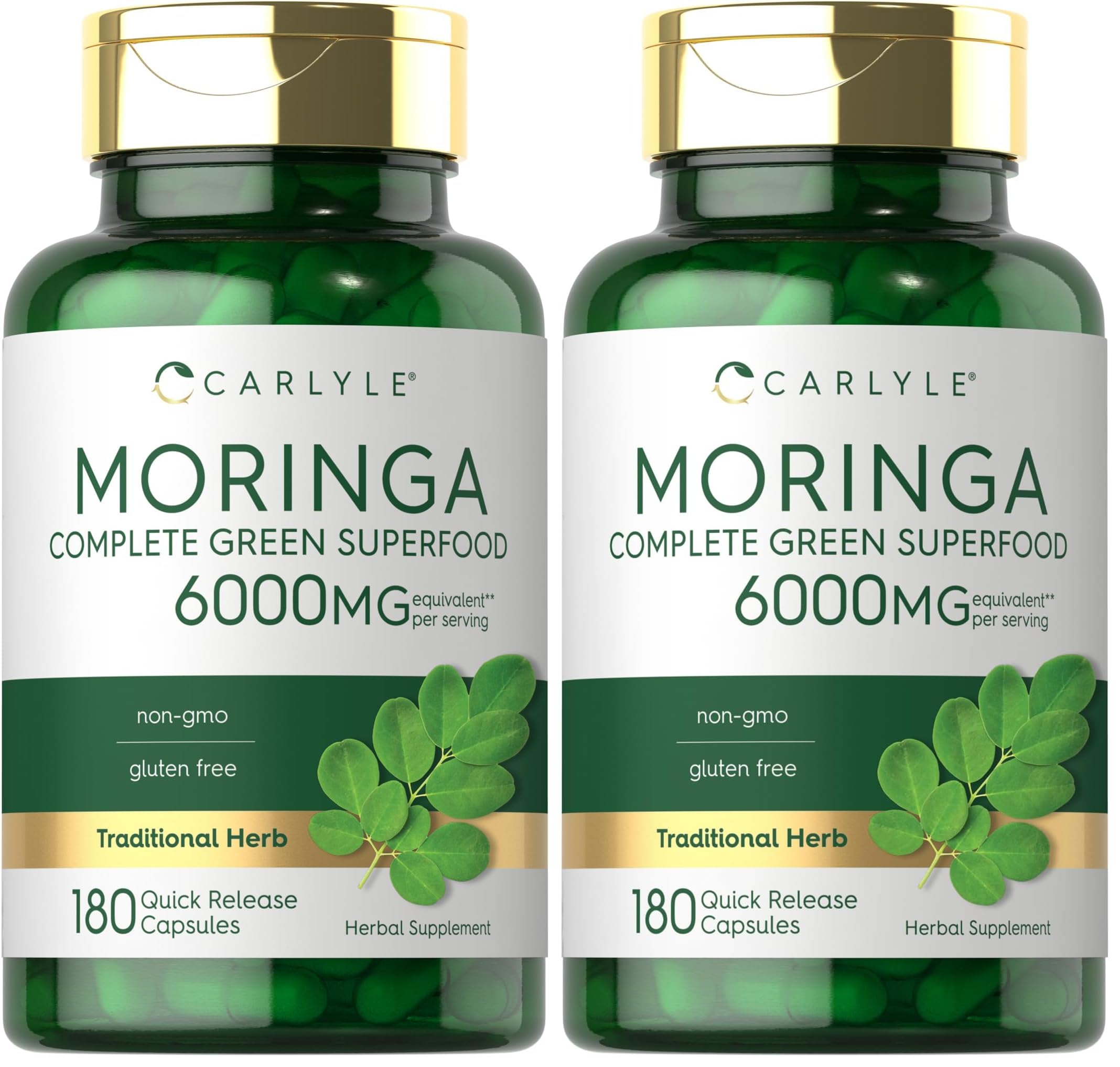 Carlyle Moringa Oleifera bottle front, showcasing antioxidant-rich green supplement.