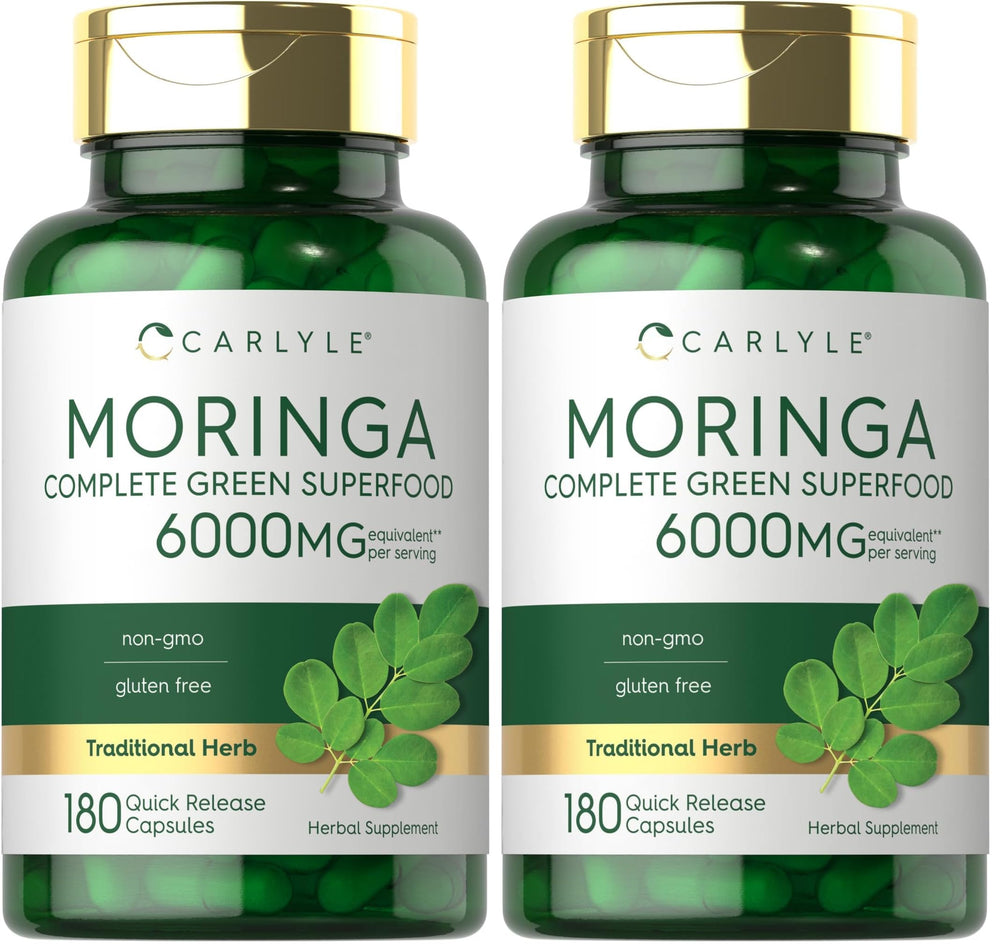 Carlyle Moringa Oleifera bottle front, showcasing antioxidant-rich green supplement.
