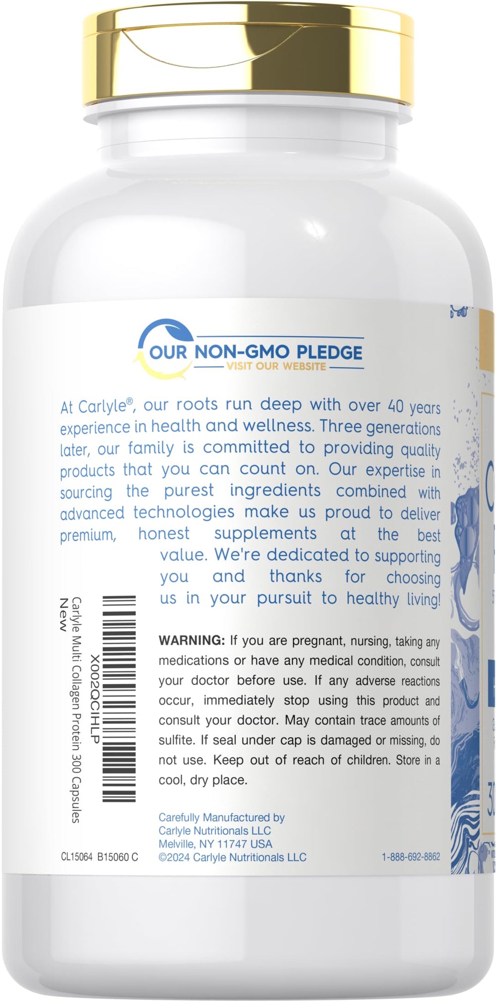 Capsules arranged beside Carlyle bottle