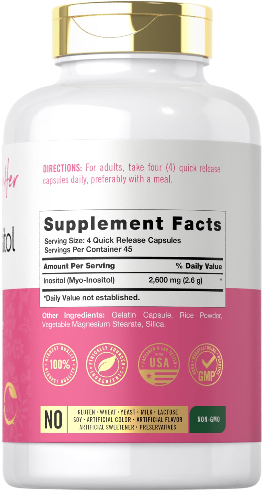 Close-up of Myo-Inositol 2600mg capsules