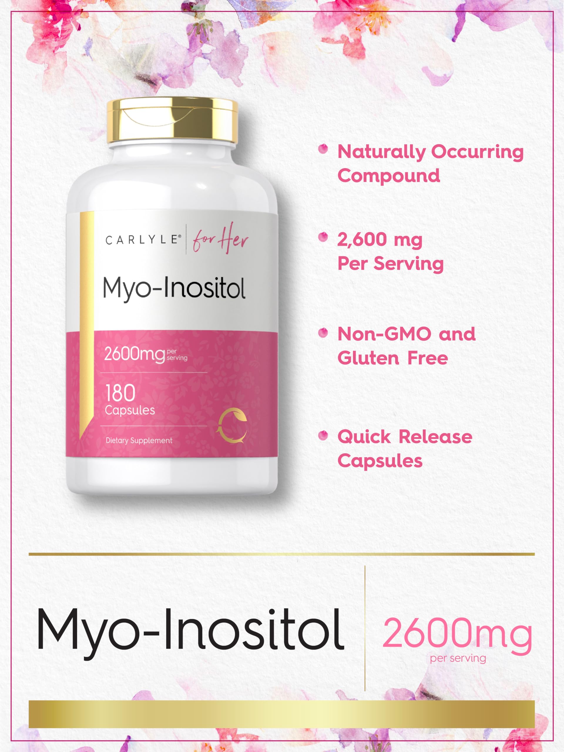 Nutrition facts and ingredients on Carlyle Myo-Inositol label