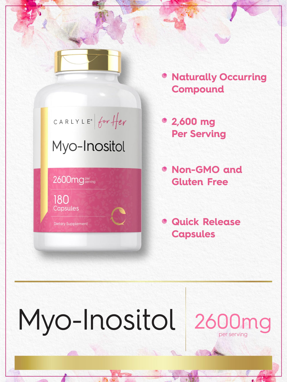 Nutrition facts and ingredients on Carlyle Myo-Inositol label