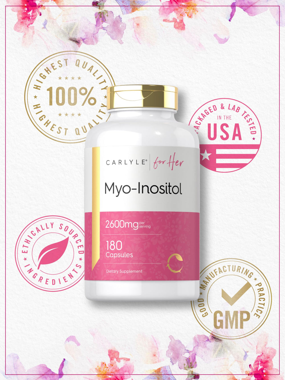 Myo-Inositol capsules shown next to the bottle