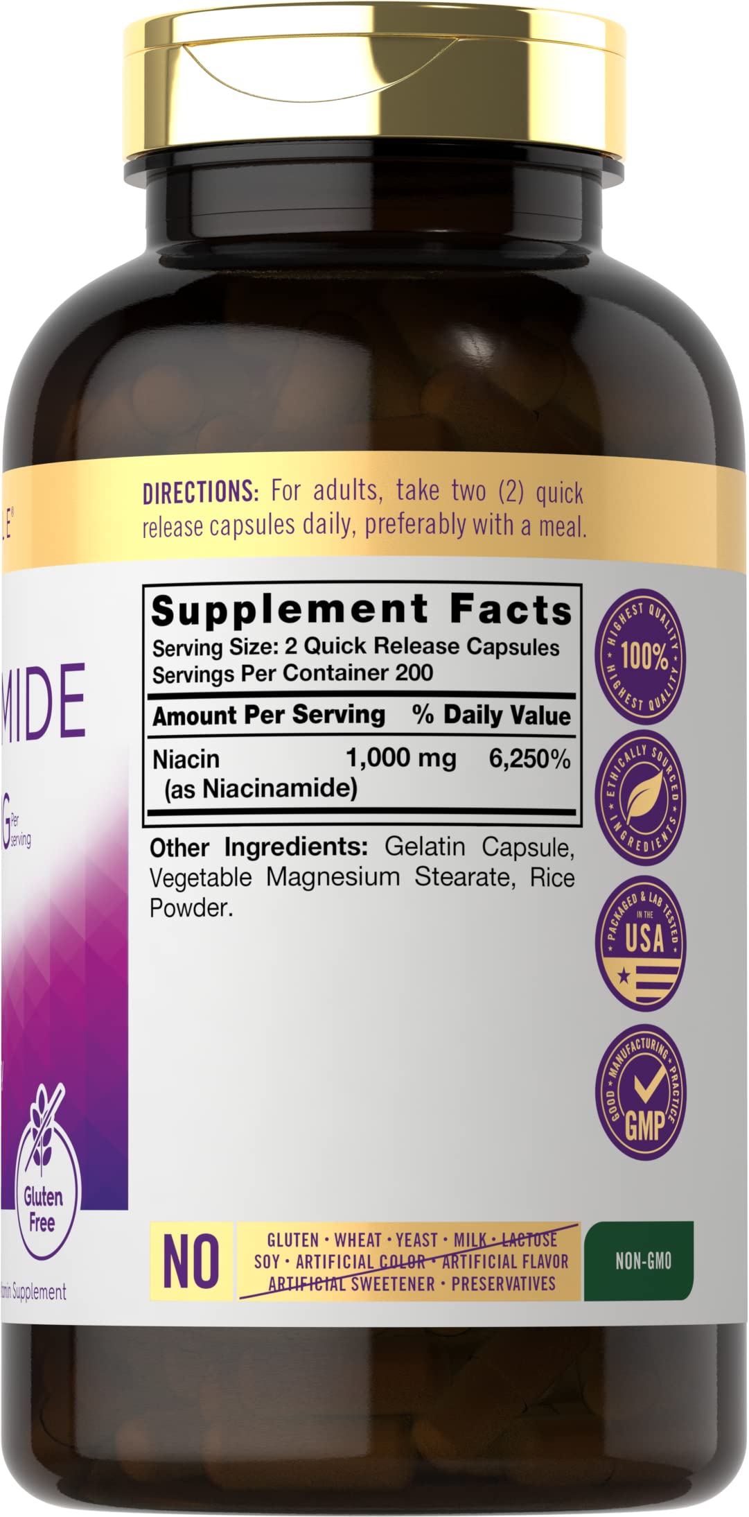 Back label view of Carlyle Niacinamide 1000 mg 400 capsules
