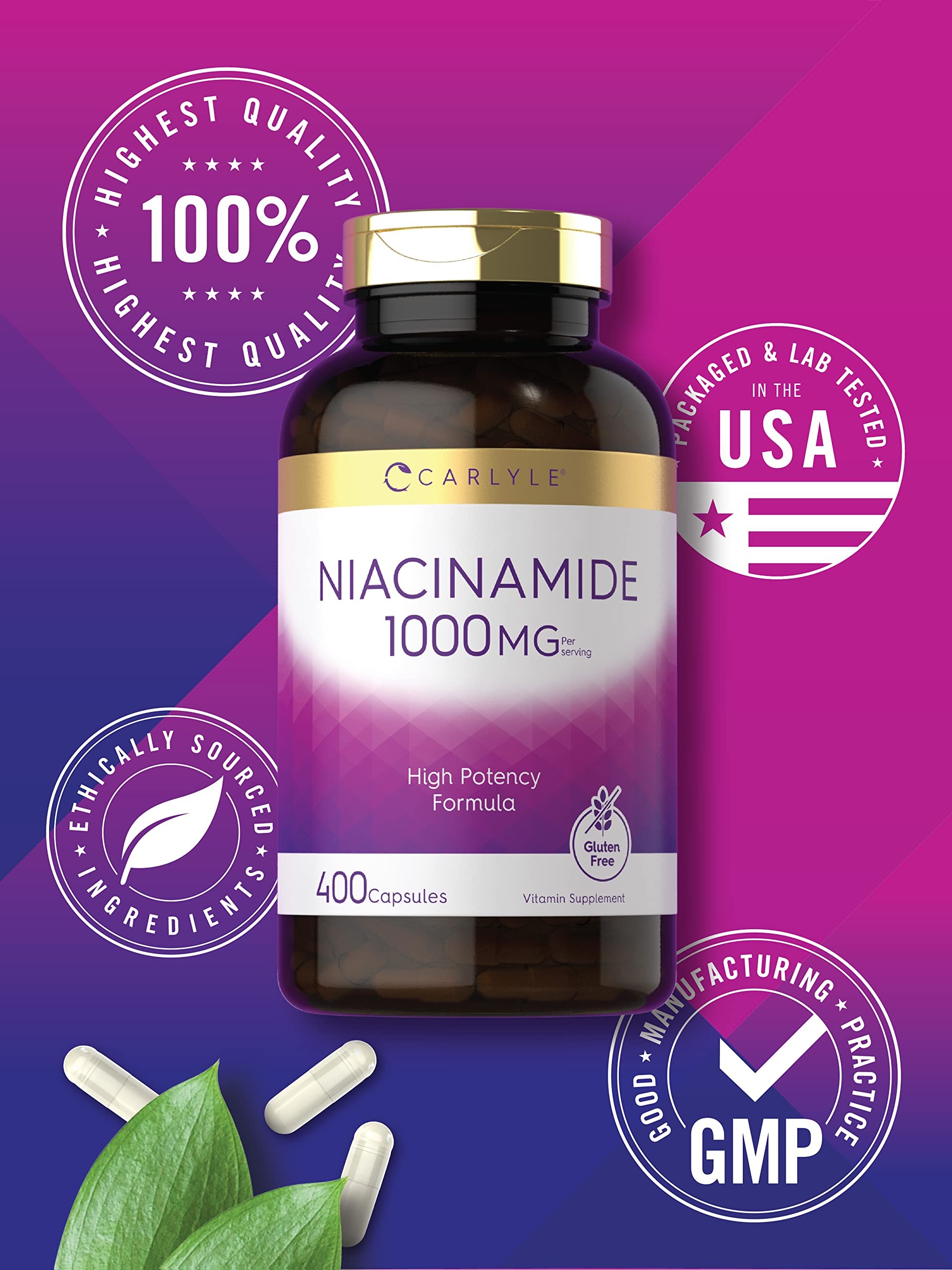 Gluten-free and Non-GMO indicators on Carlyle Niacinamide 1000 mg packaging