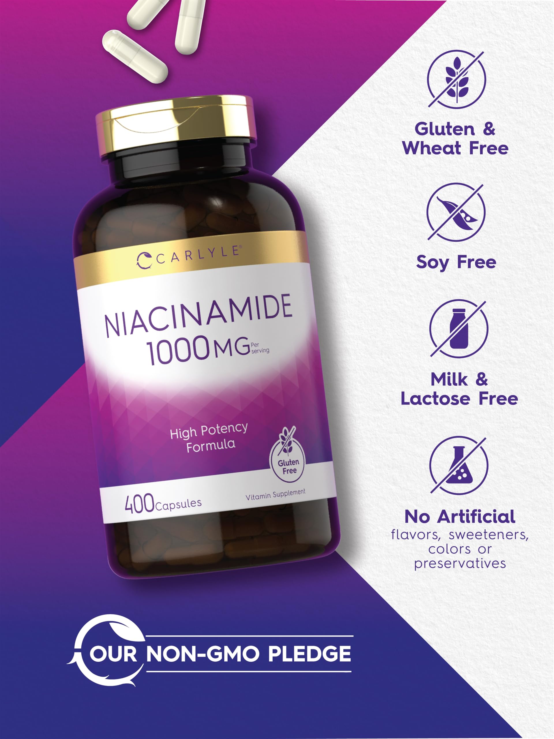 Gluten-free and Non-GMO seals for Carlyle Niacinamide