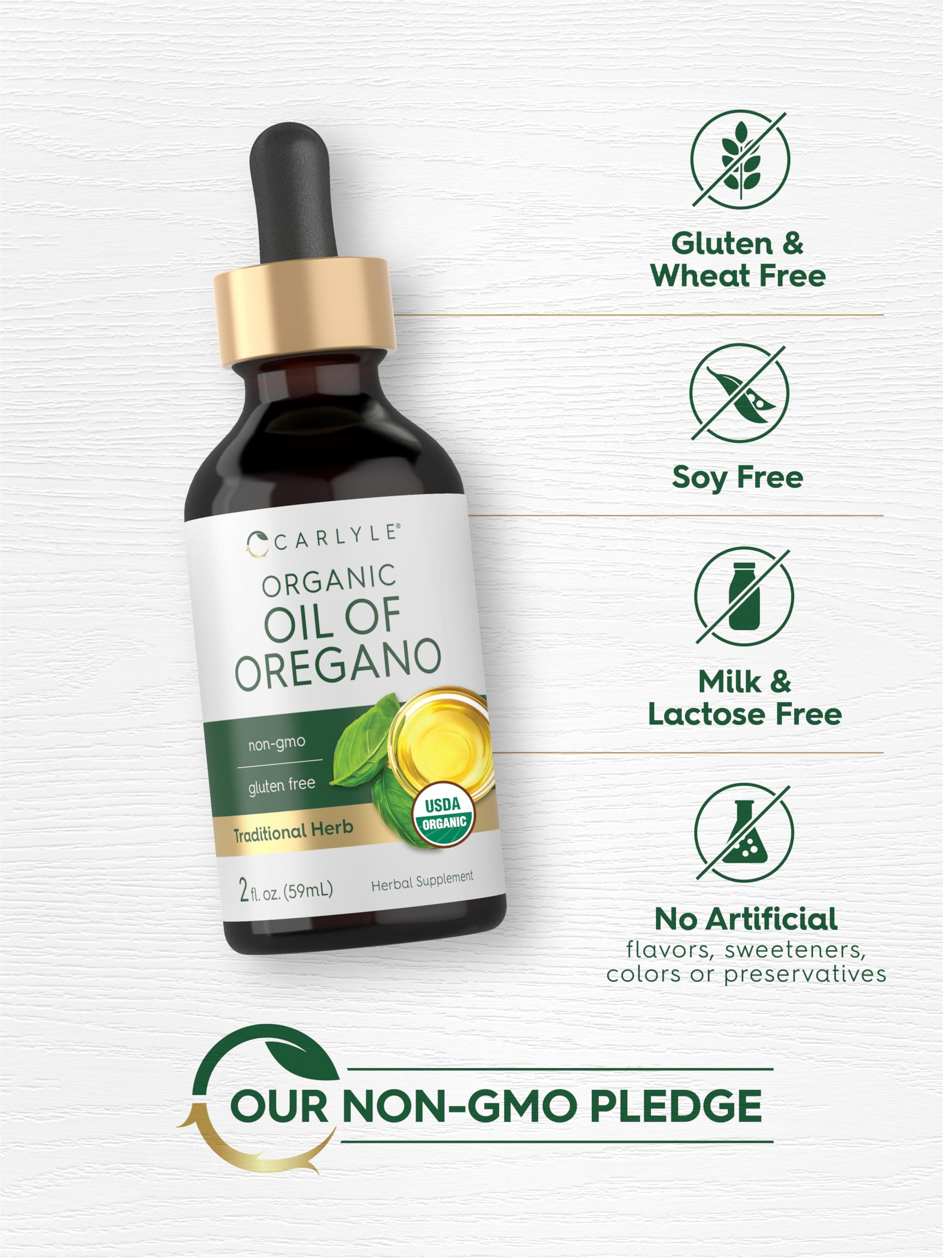 Carlyle non-GMO oregano oil bottle cap detail signals purity and safety