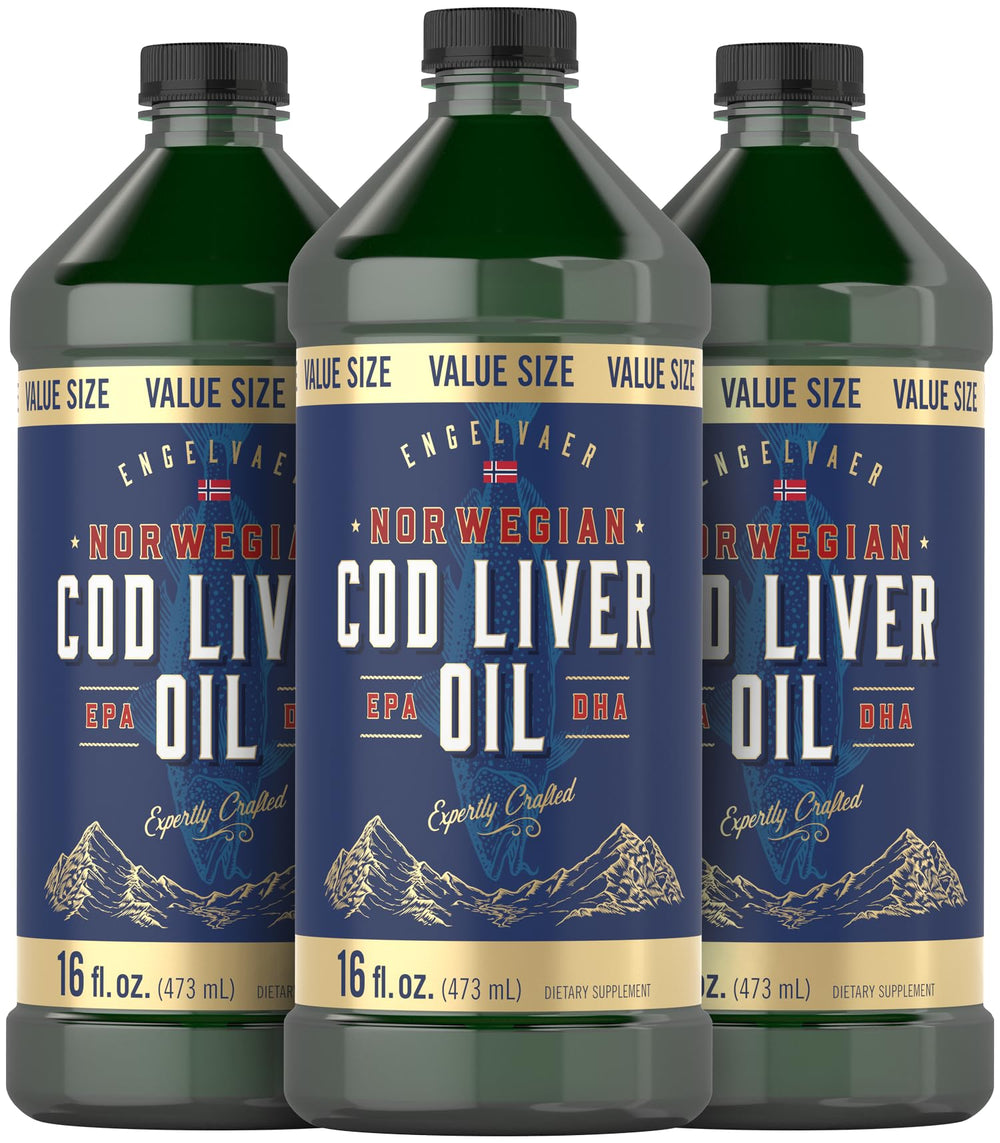 Three Carlyle Norwegian Cod Liver Oil 16oz bottles in a 3-pack, front view