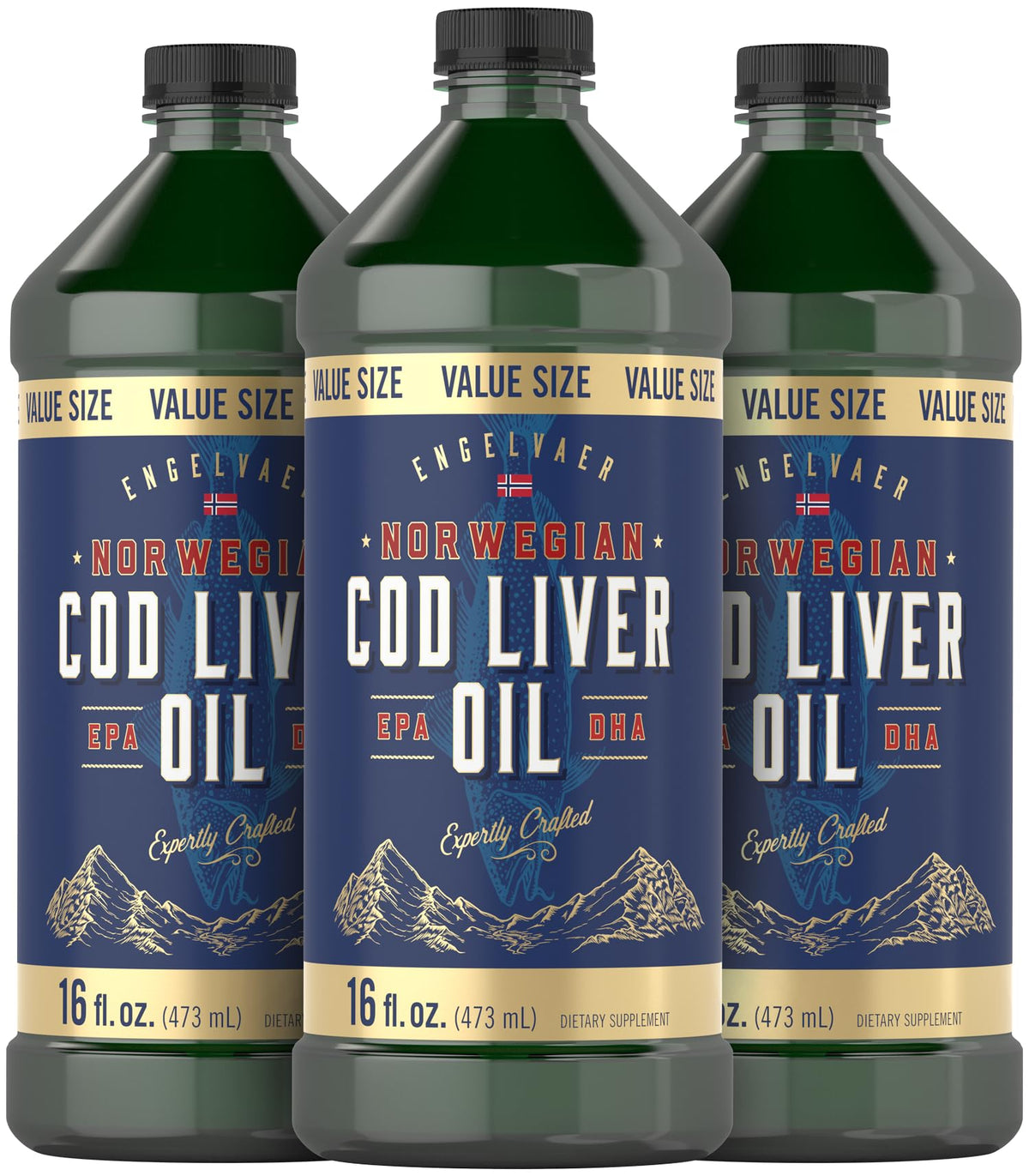 Three Carlyle Norwegian Cod Liver Oil 16oz bottles in a 3-pack, front view