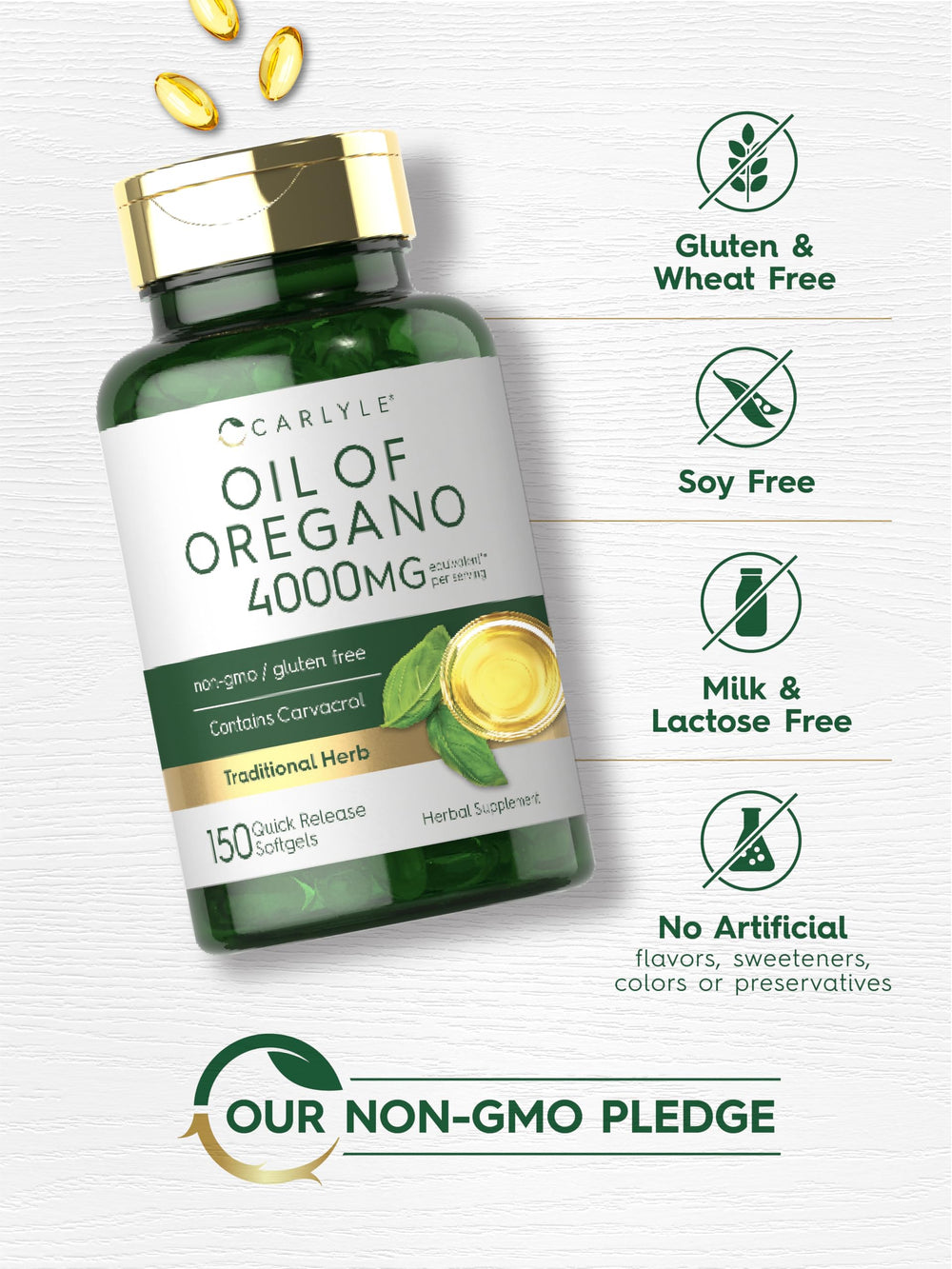 Carlyle Oregano Oil packaging highlights gluten-free and non-GMO formula.