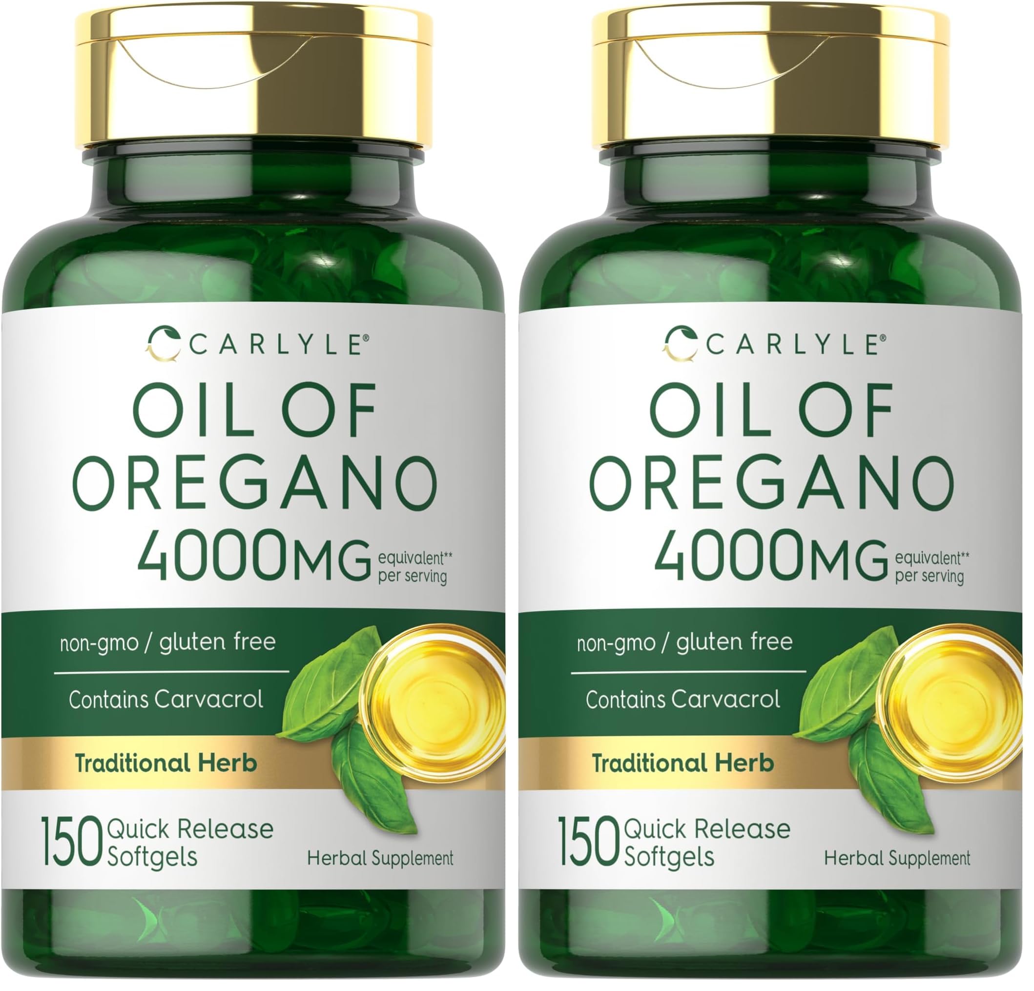 Carlyle Oregano Oil softgels bottle shows high-potency formula.