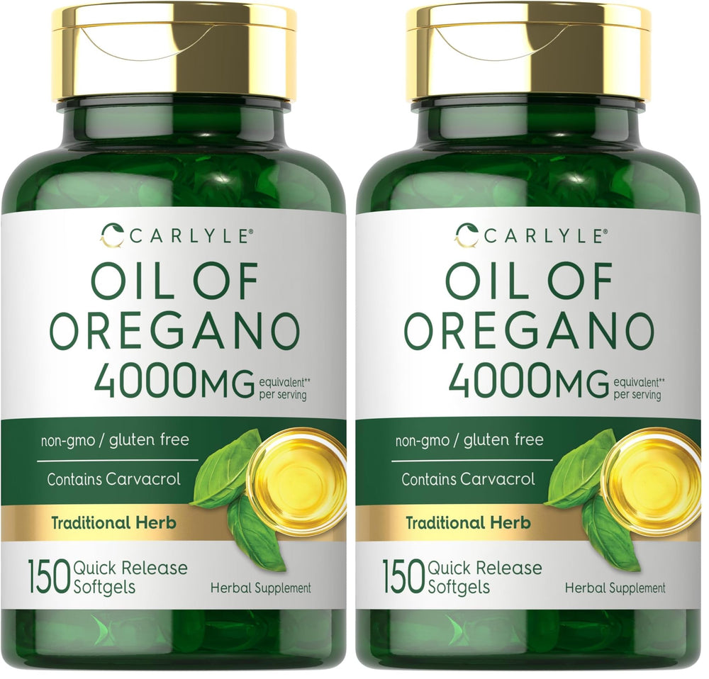 Carlyle Oregano Oil softgels bottle shows high-potency formula.
