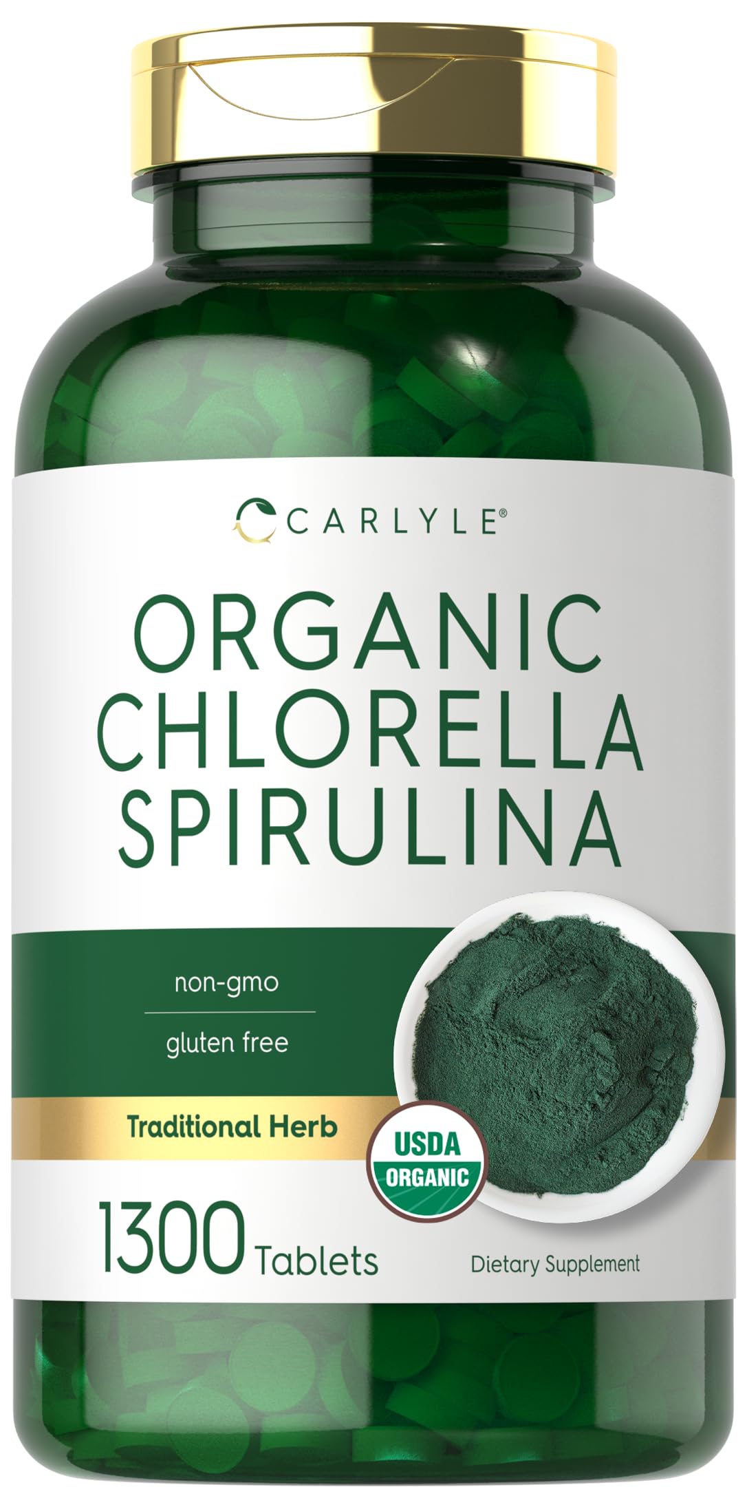 Carlyle Organic Chlorella Spirulina Tablets 1300 count bottle on a white background