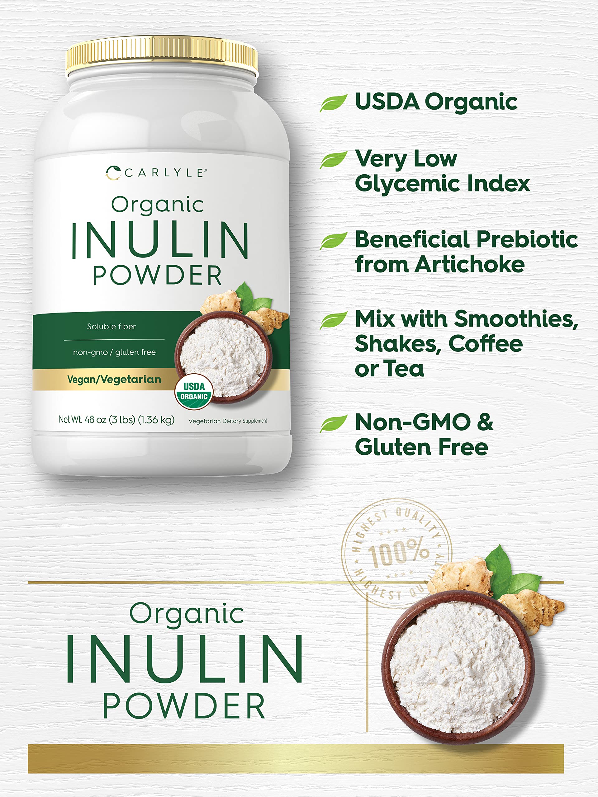 Side view of Carlyle Organic Inulin Powder 48oz bottle