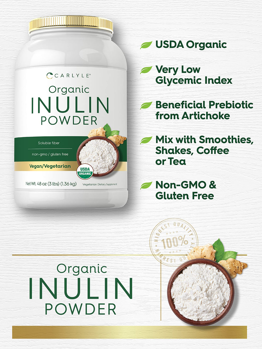 Side view of Carlyle Organic Inulin Powder 48oz bottle