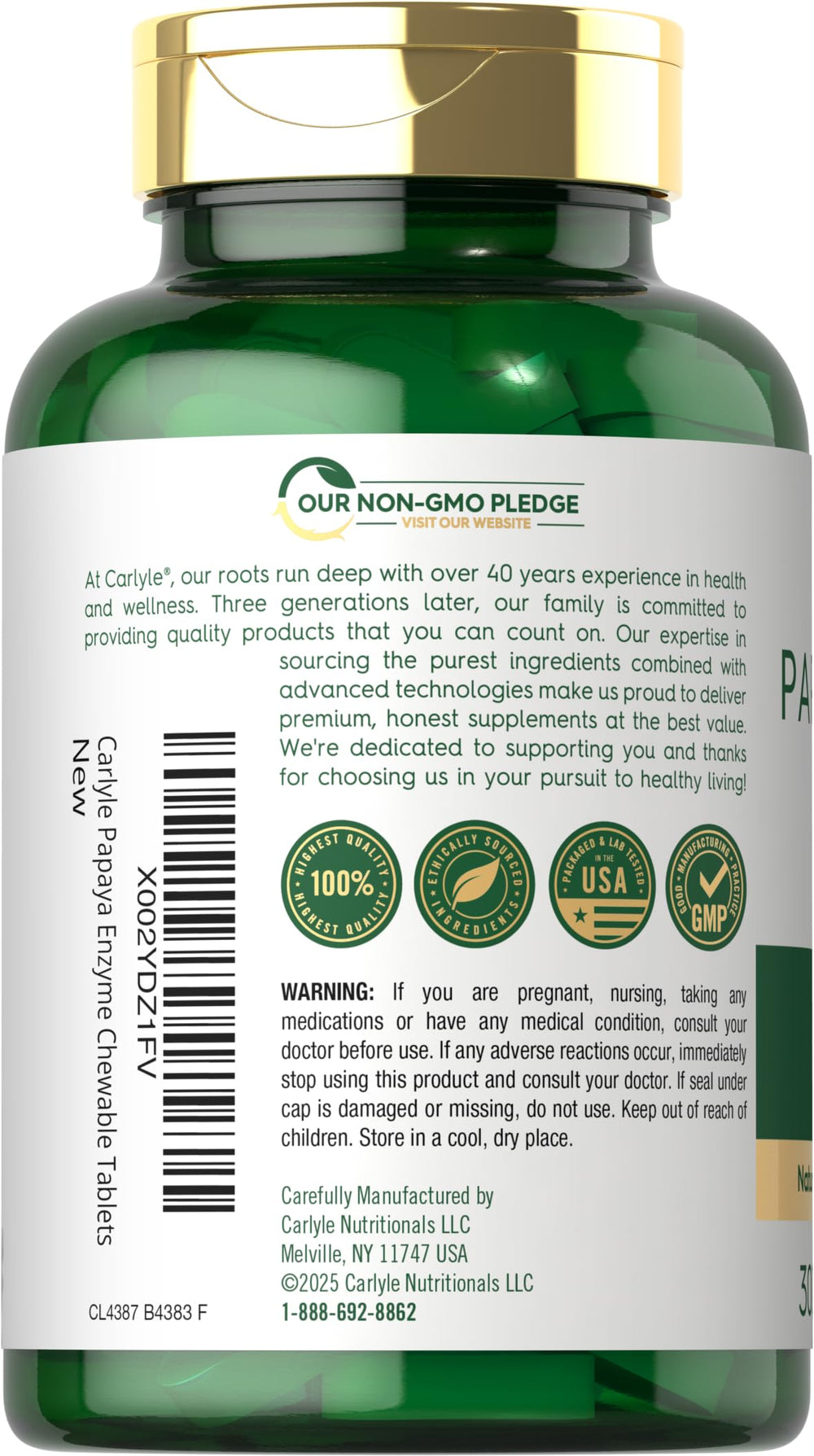 Front label of Carlyle Papaya Enzyme Chewable Tablets bottle