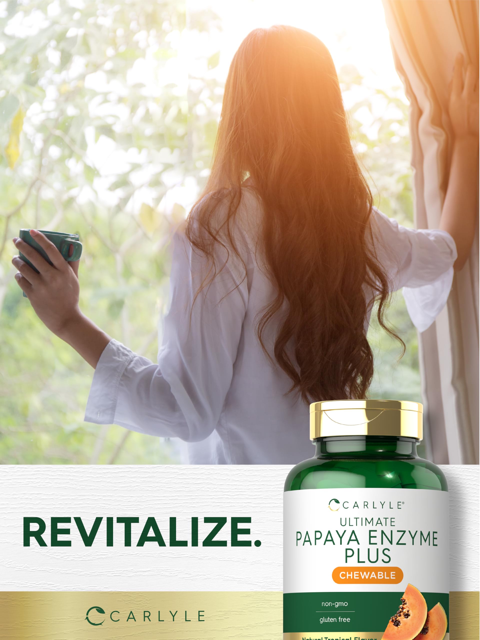 Bottled Carlyle Papaya Enzyme Chewable Tablets arranged for product photography