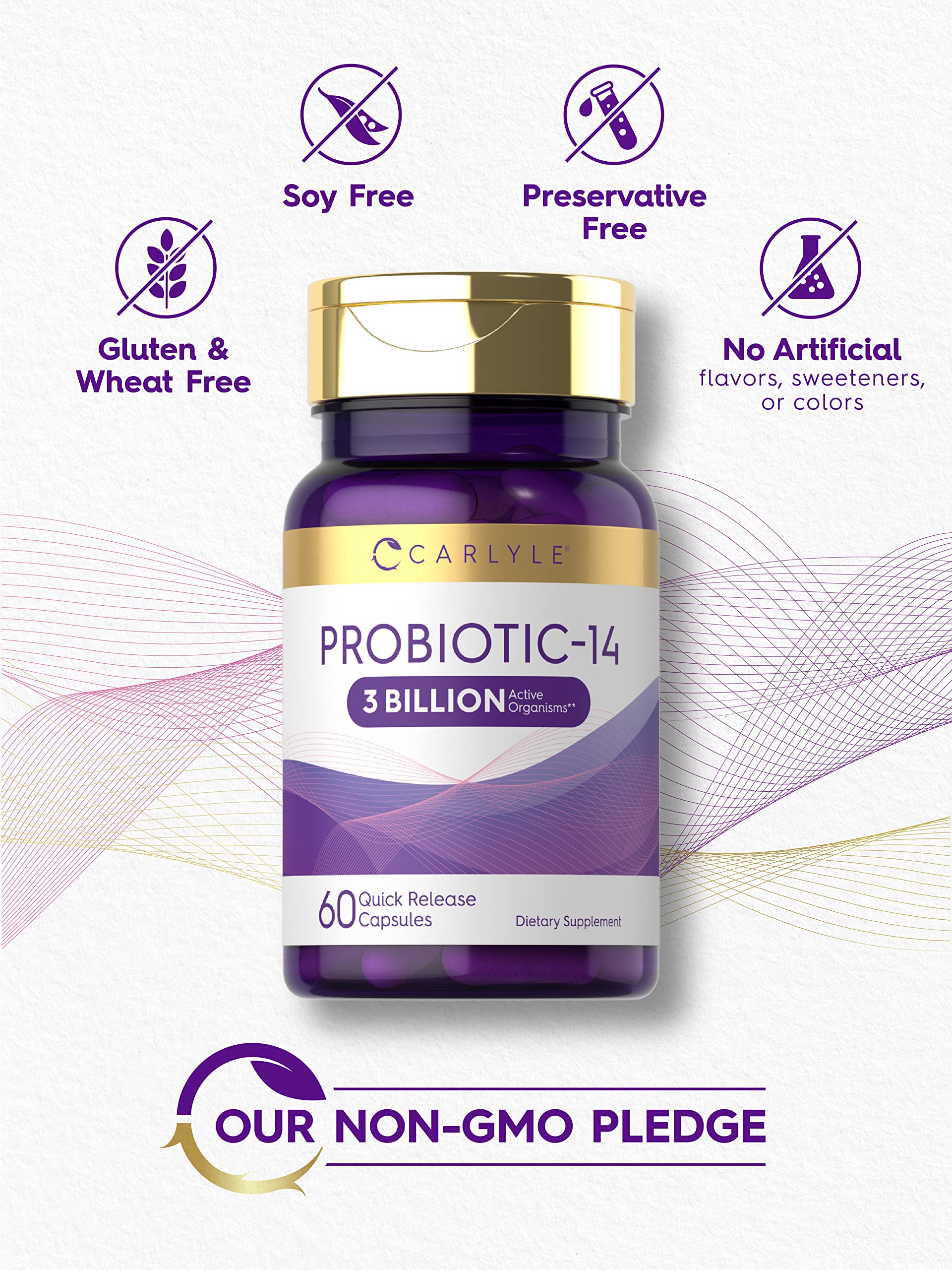 Carlyle Probiotic gluten-free and non-GMO label on bottle