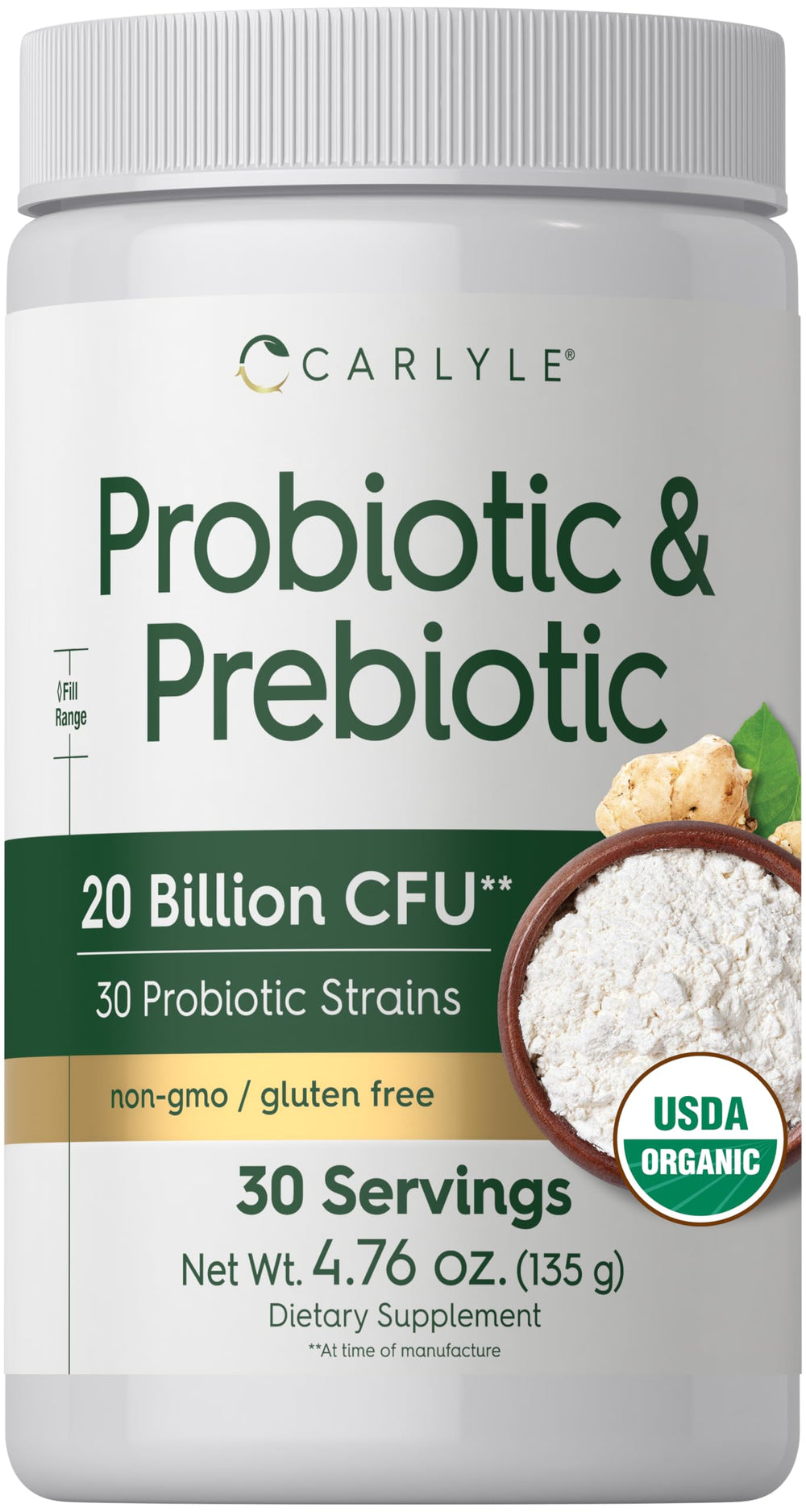 Carlyle Probiotic and Prebiotic Powder bottle with 20B CFU label
