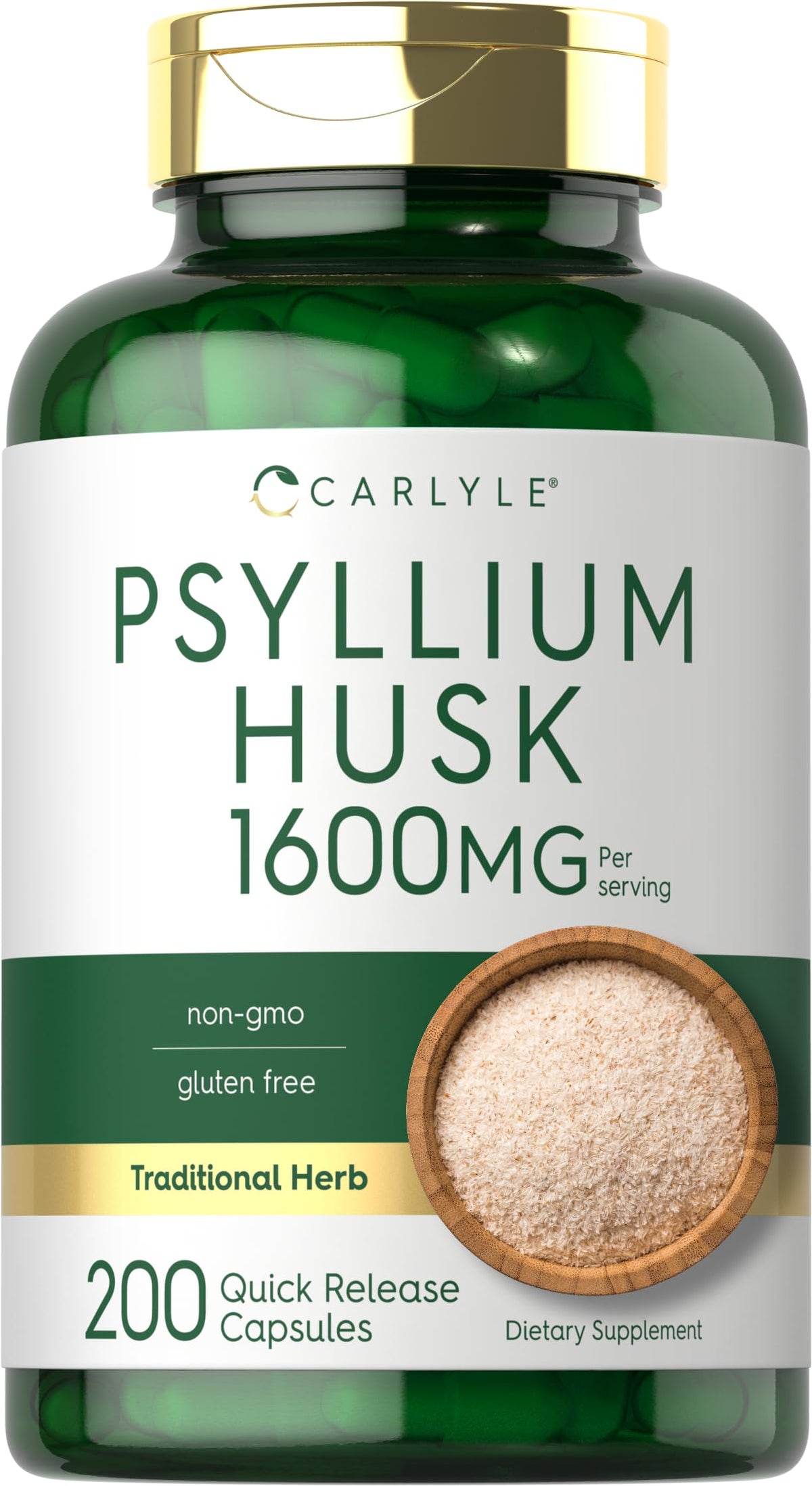 Carlyle Psyllium Husk Capsules bottle label 1600mg 200 count