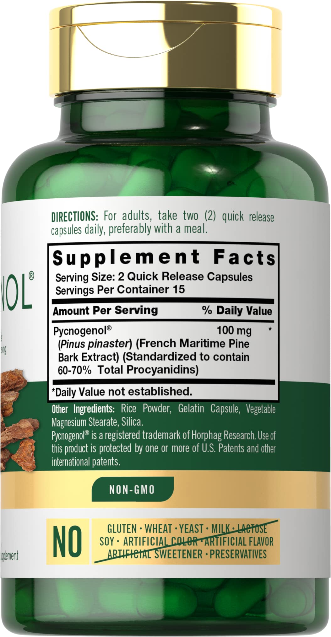 Close-up of Pycnogenol 100mg capsules