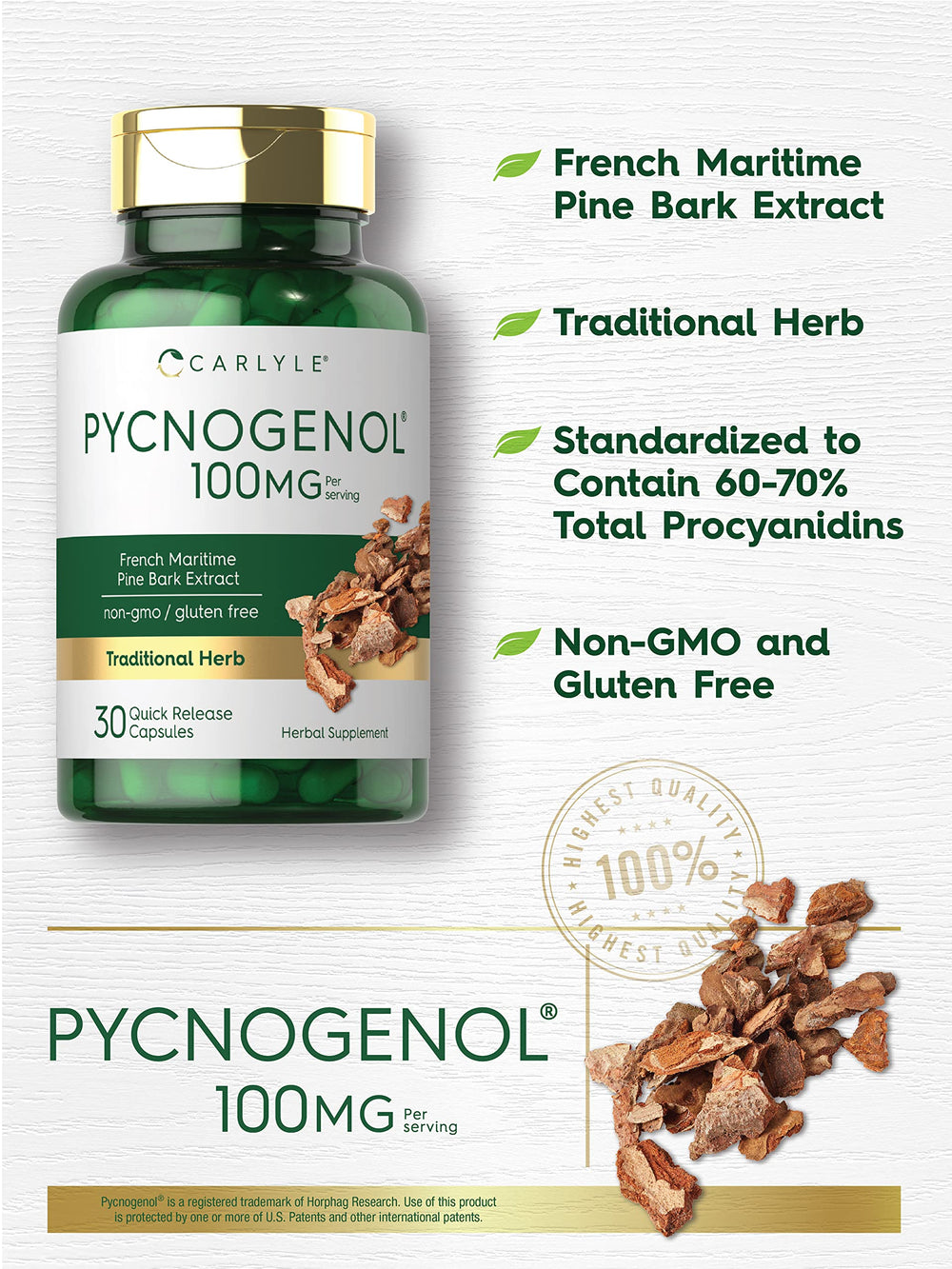 Pycnogenol 100mg bottle label with French Maritime Pine Bark Extract