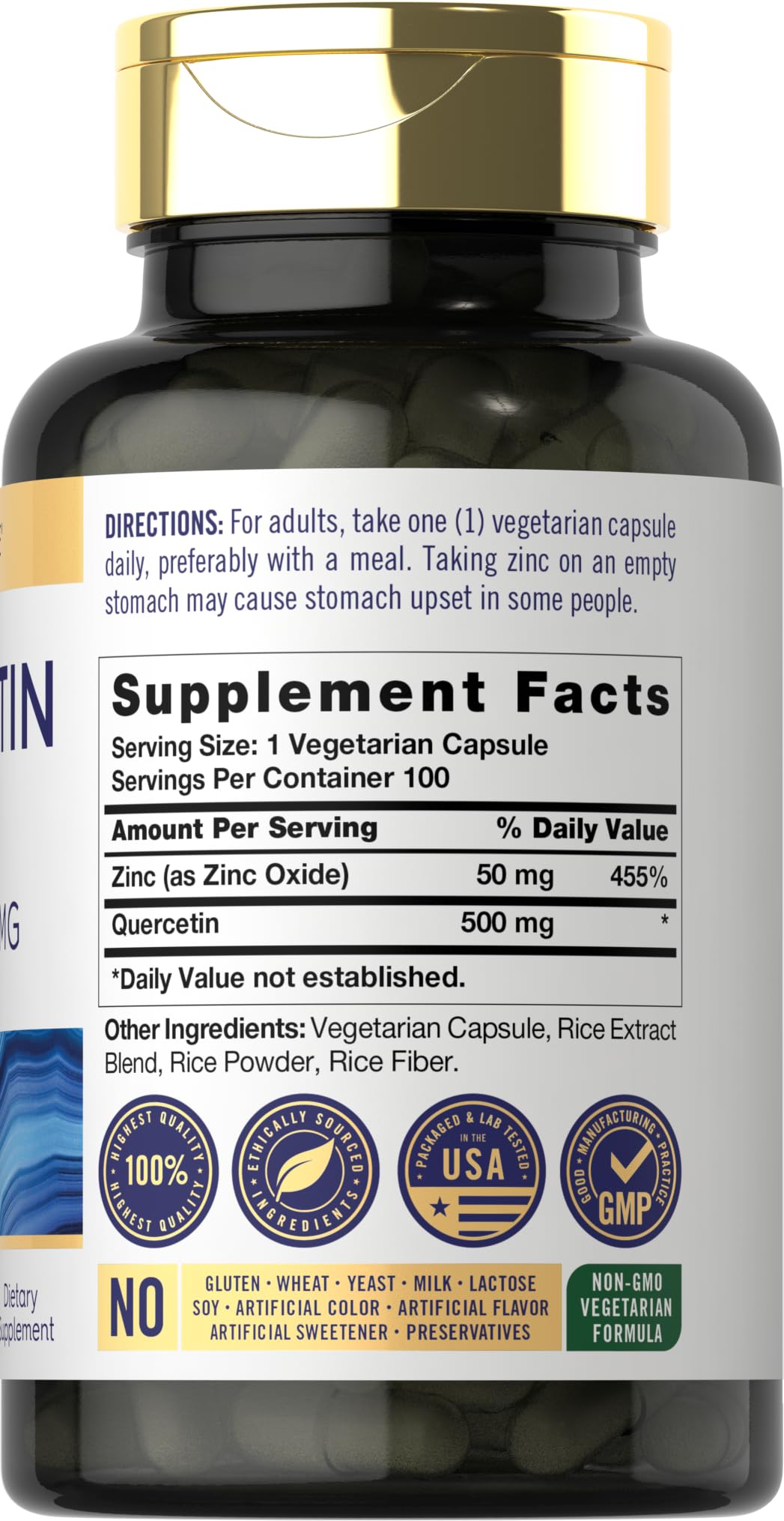 Graphic showing Quercetin 500mg with 50mg Zinc per serving