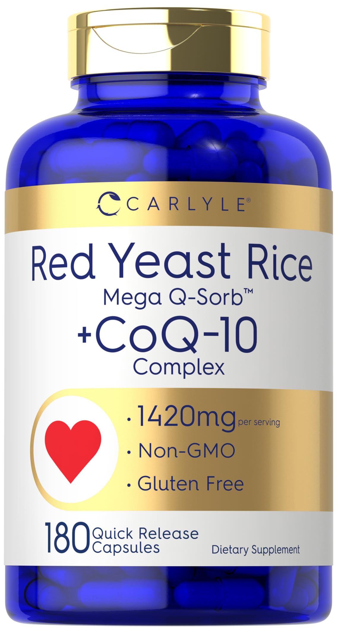 Bottle of Carlyle Red Yeast Rice with CoQ10 Complex 180 capsules