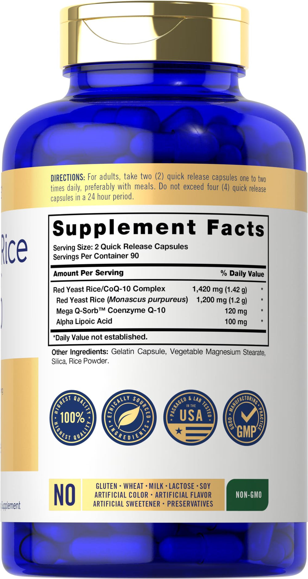 Close-up of the Carlyle Red Yeast Rice with CoQ10 Complex bottle label showing 1,420 mg