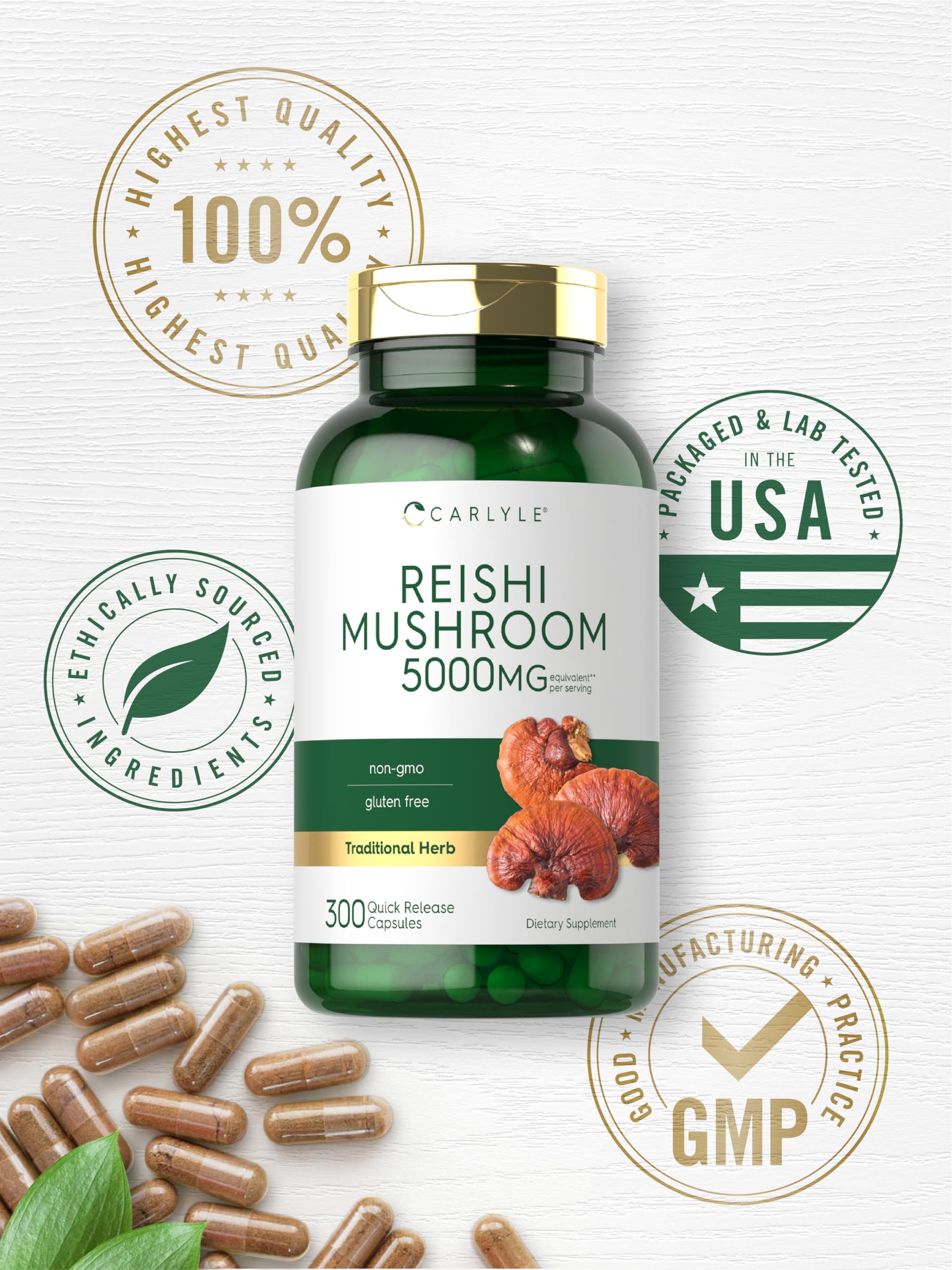 Capsules and packaging shot of Reishi supplement