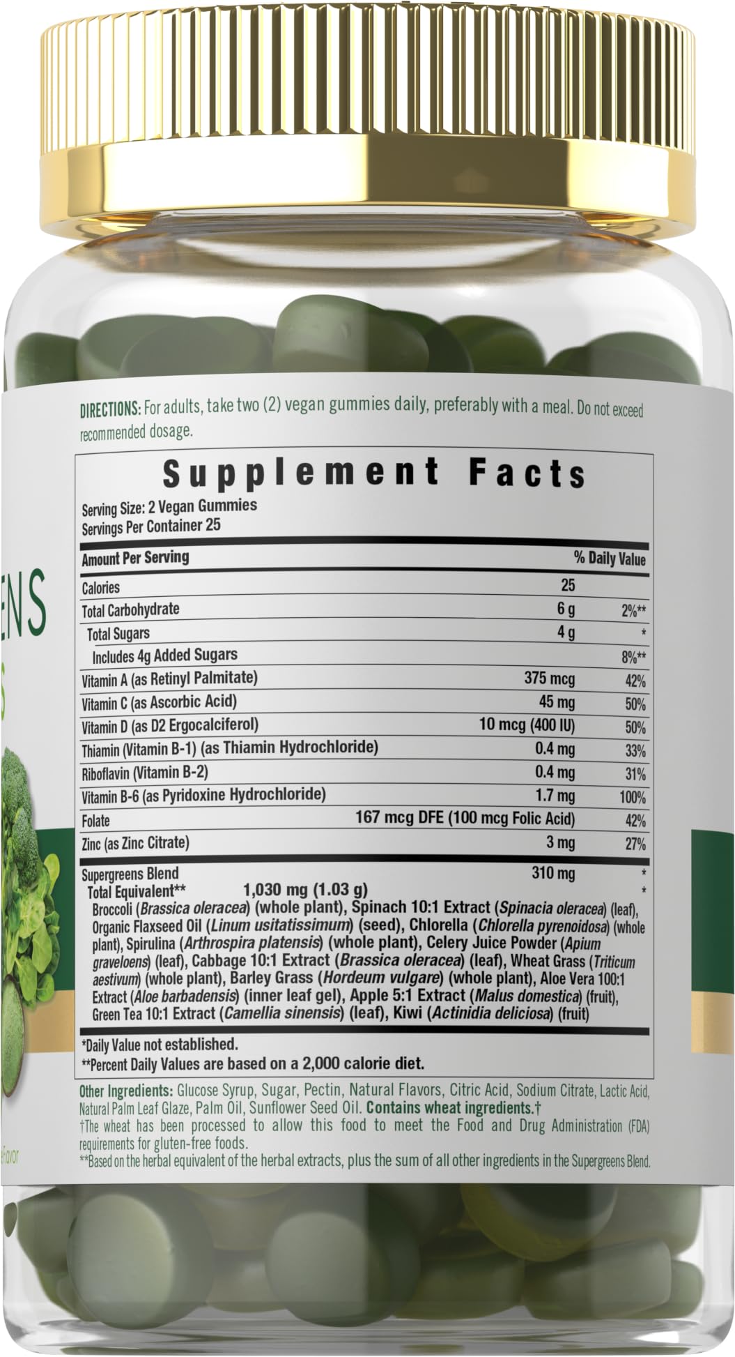 Close-up of wheat grass and spirulina ingredients on Carlyle Supergreens Gummies