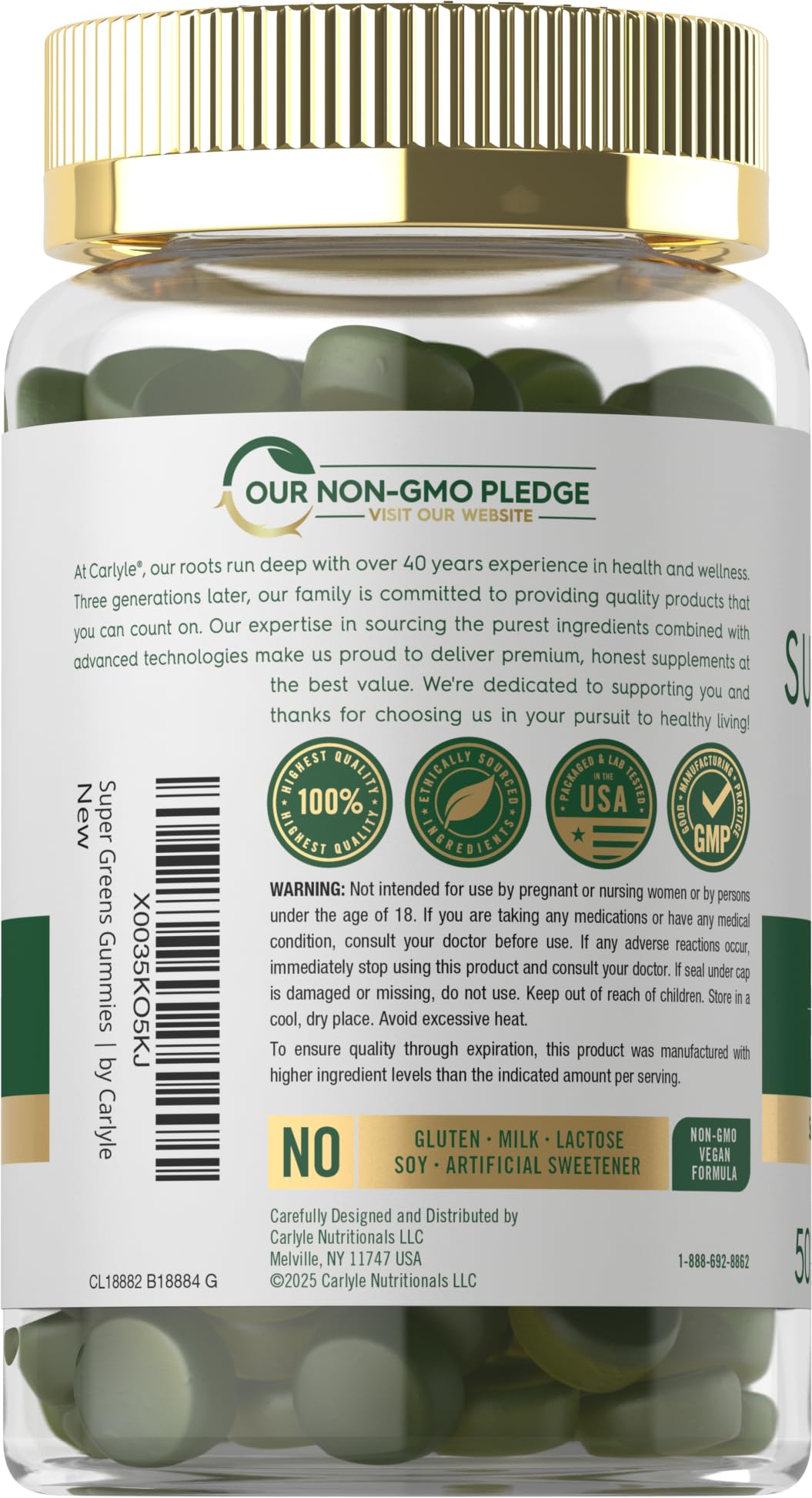 Carlyle Supergreens Gummies packaging with spinach and greens