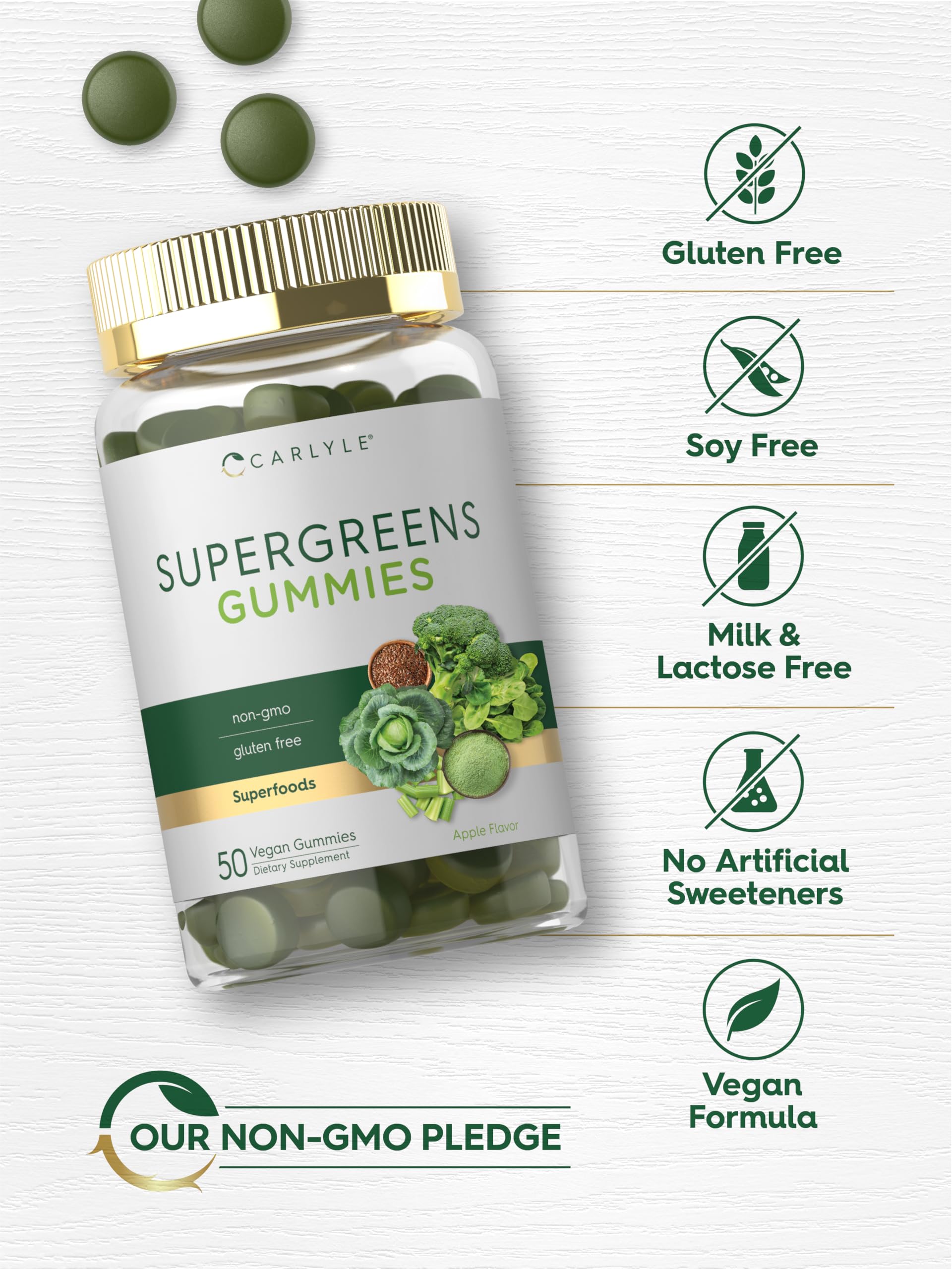 Vitamins A, C, D and B icons on Carlyle Supergreens Gummies packaging
