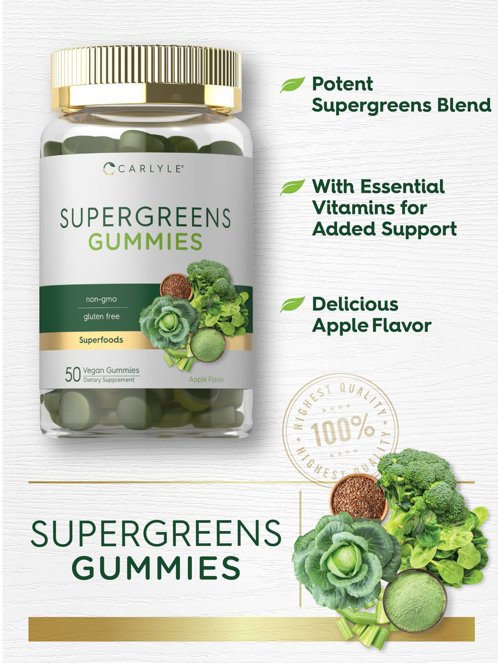 Zinc and vitamins shown on Carlyle Supergreens Gummies bottle label