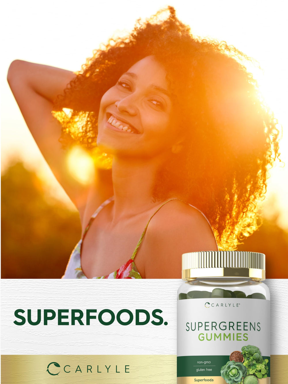 Vegan, non-GMO and gluten-free Carlyle Supergreens Gummies packaging