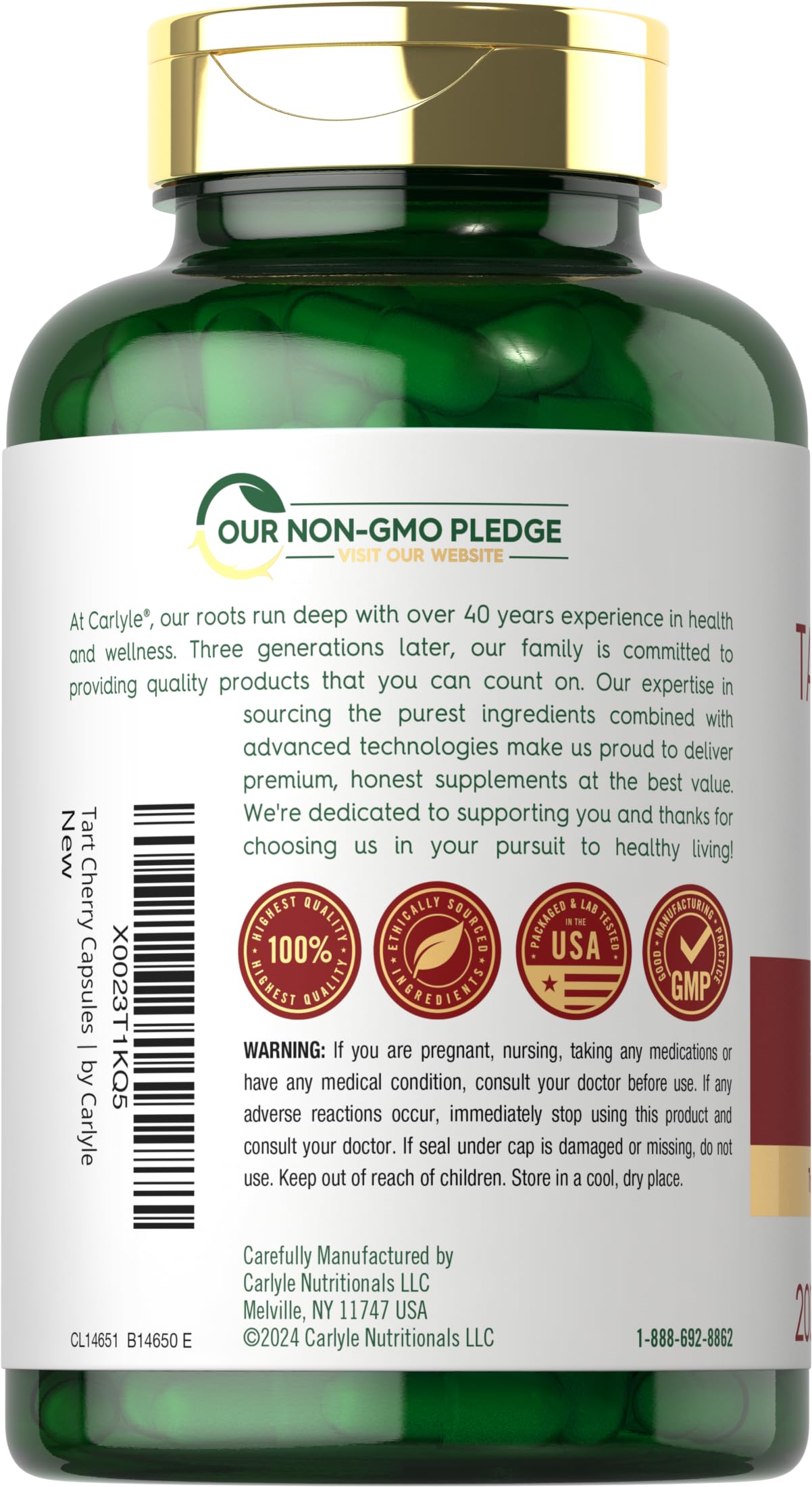 Front view of Carlyle Tart Cherry Capsules bottle