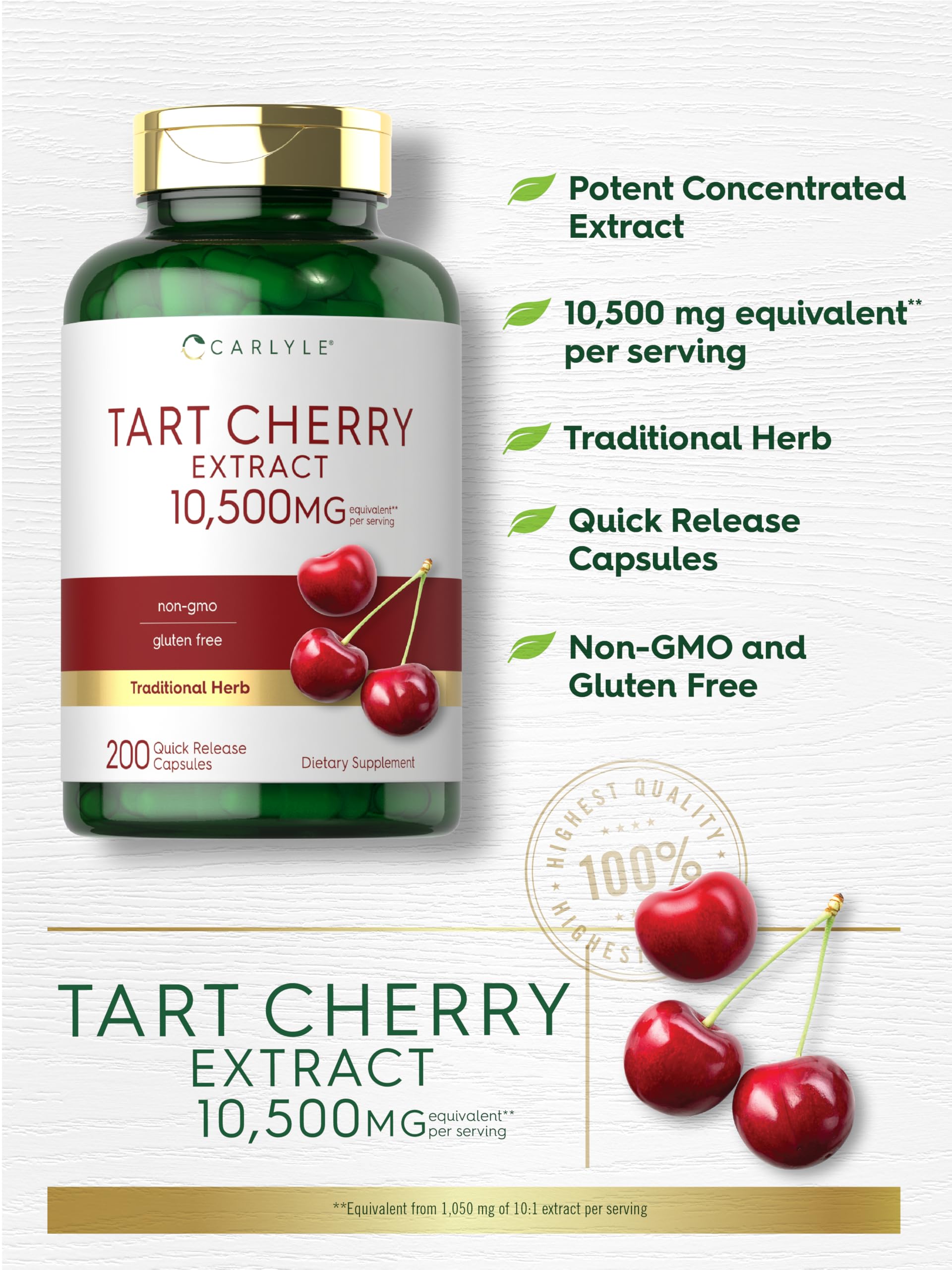 Close-up of Carlyle Tart Cherry Capsules bottle label showing potency