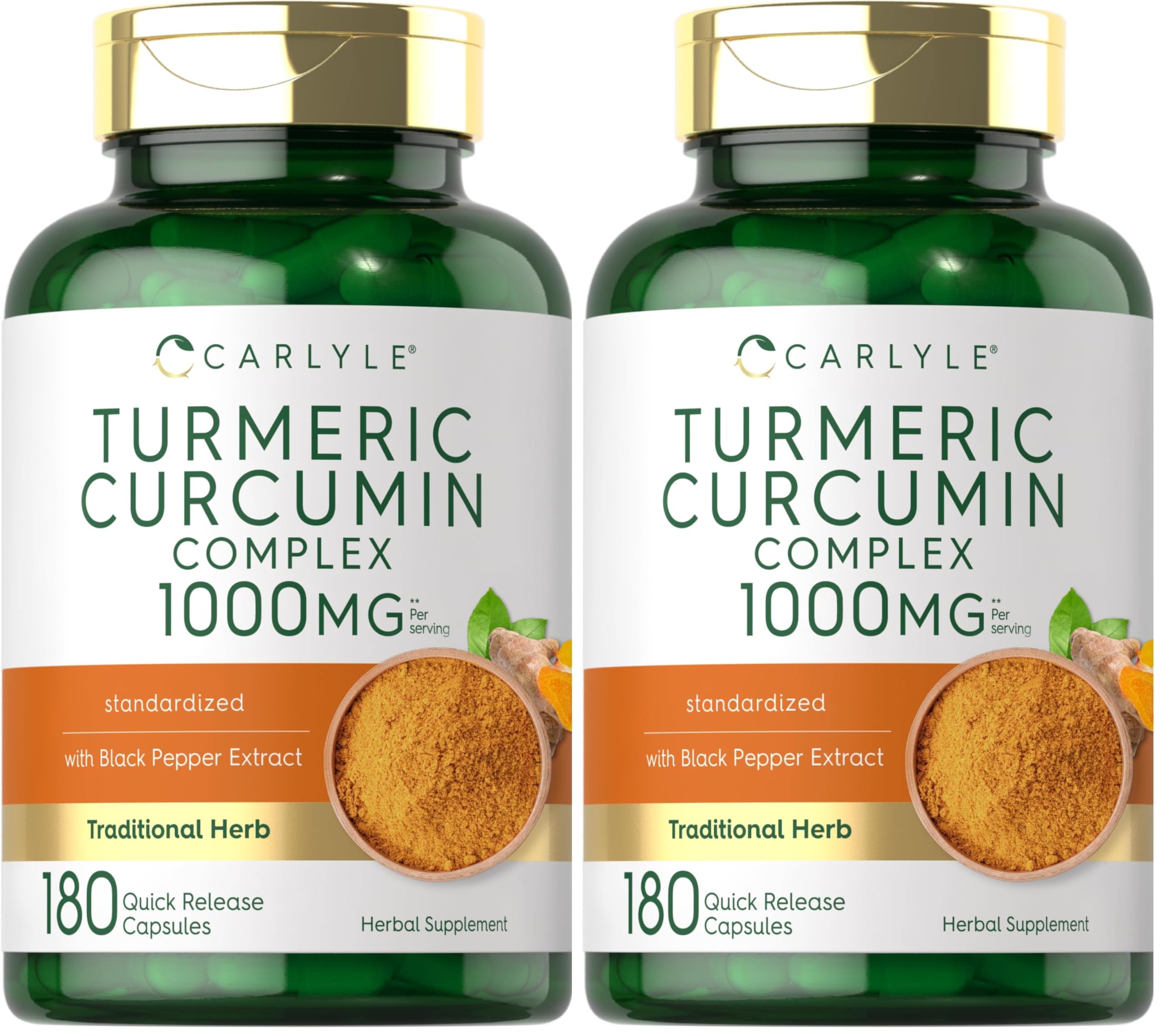 Bottle of Carlyle Turmeric Curcumin 1000mg with Black Pepper - 180 capsules, pack of 2