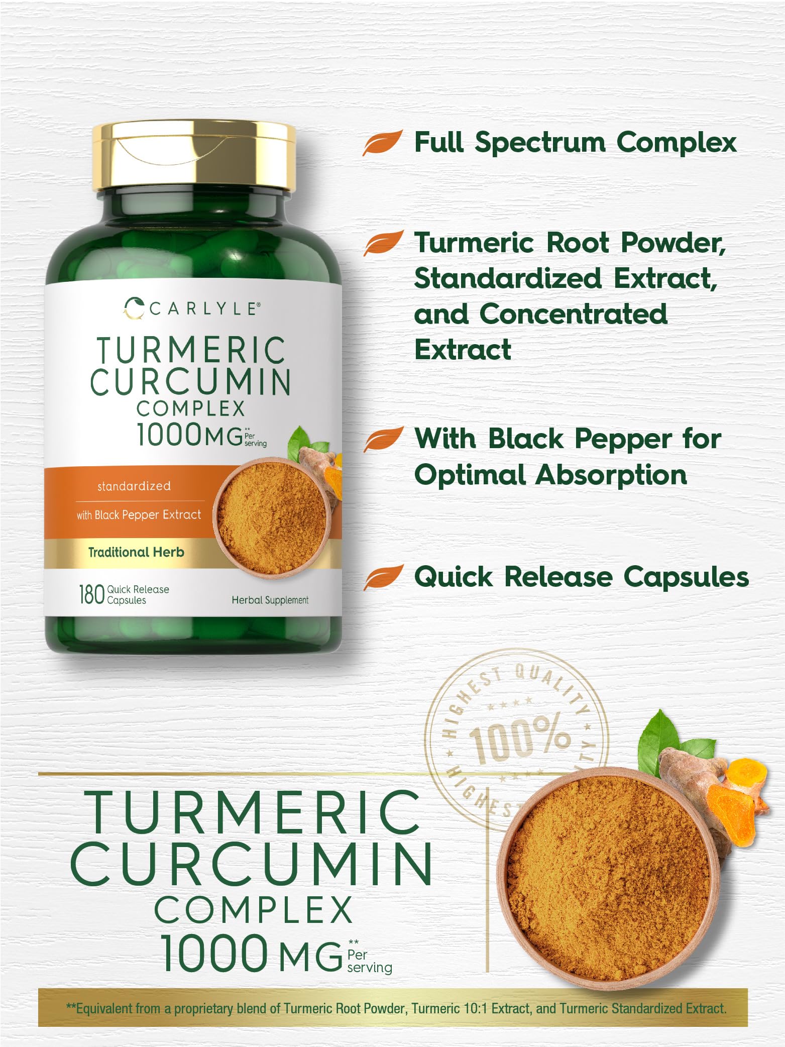 Turmeric Curcumin 1000mg capsules on white background