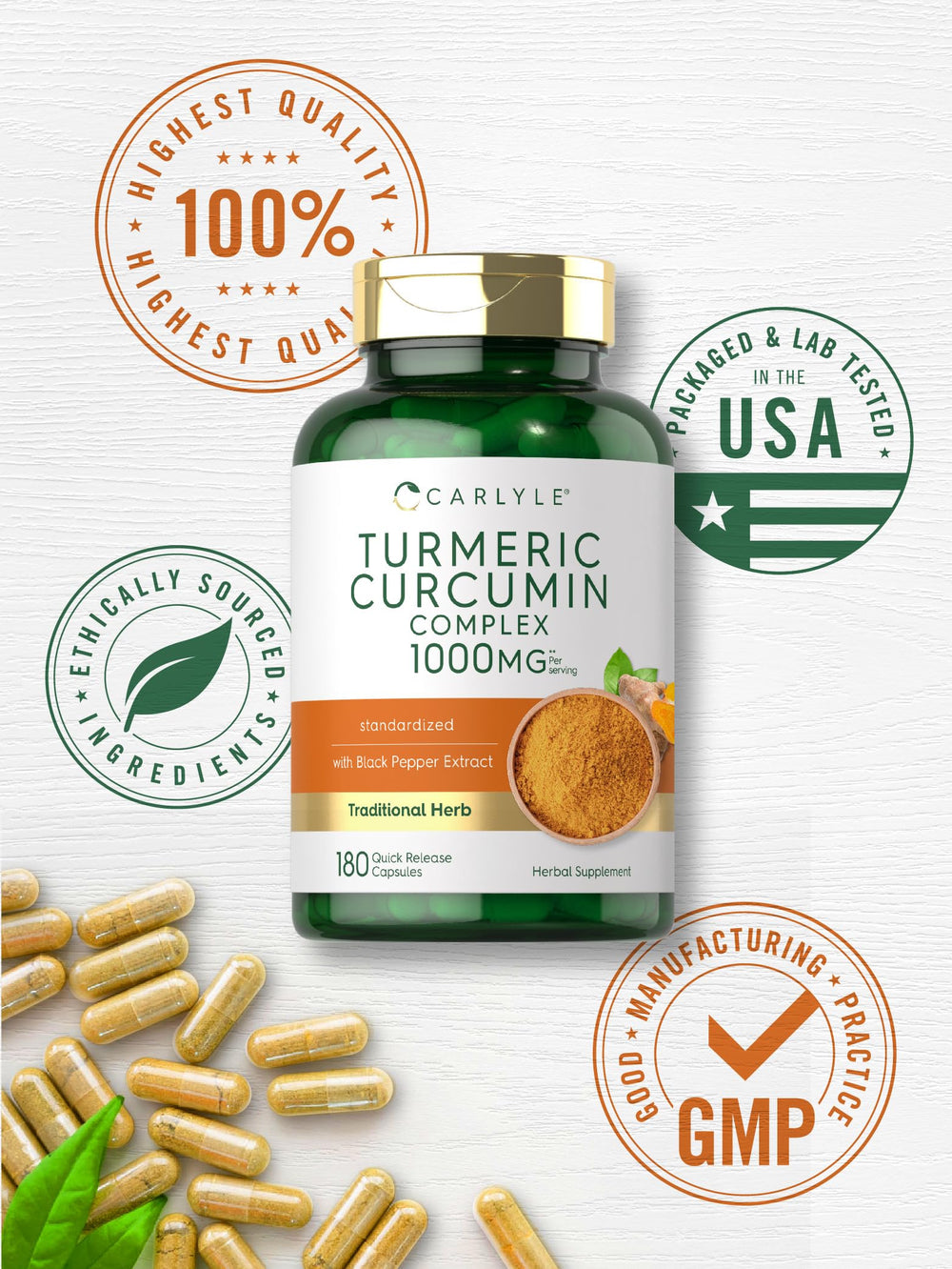 Non-GMO and gluten-free Carlyle Turmeric Curcumin bottle