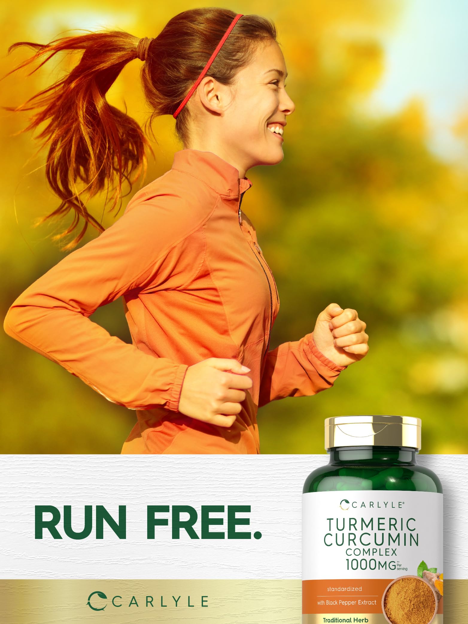 Carlyle turmeric-curcumin packaging confirms gluten-free and non-GMO