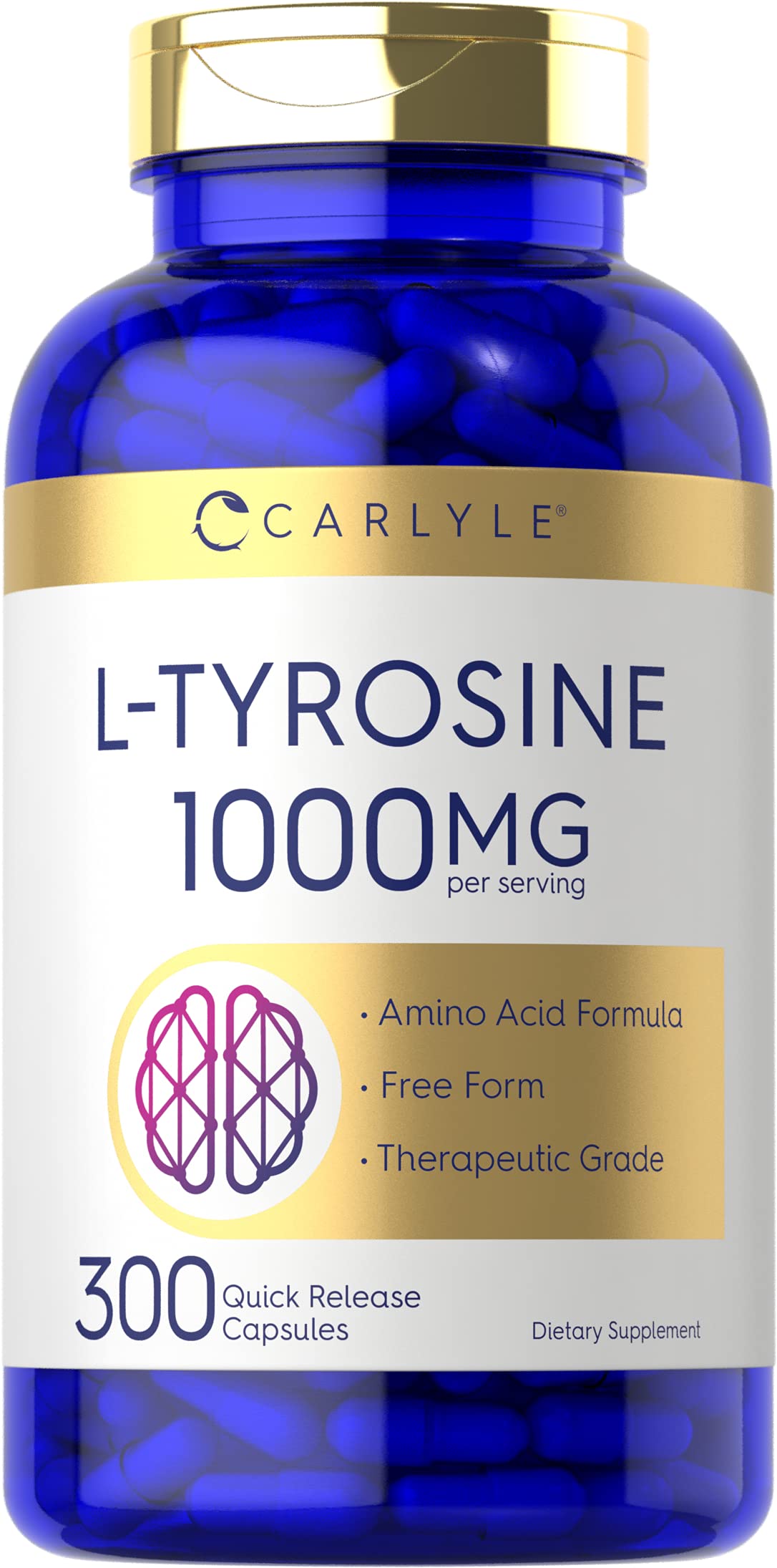 Front label of Carlyle Tyrosine 1000mg capsules (300-count)