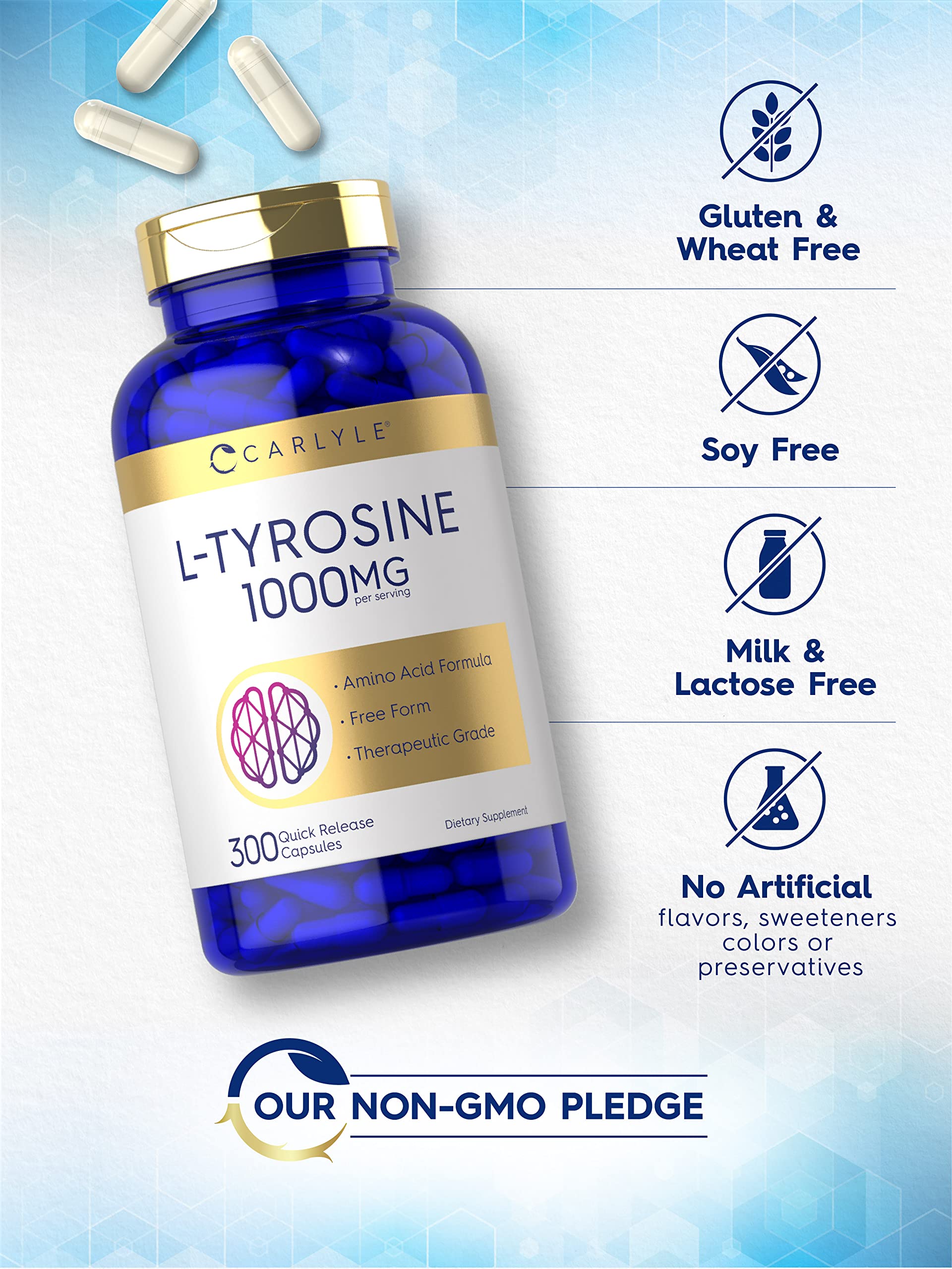 Ingredients list including Tyrosine; non-GMO and gluten-free
