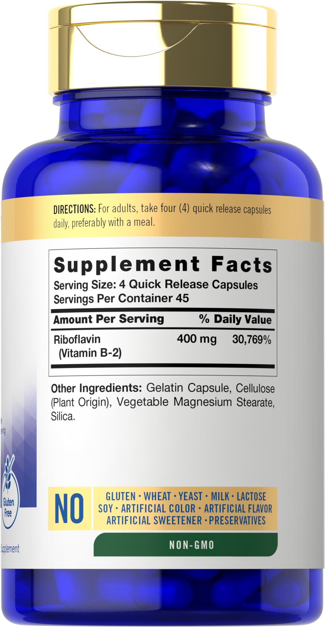 Front view of Carlyle Vitamin B-2 400mg bottle with 180-count label