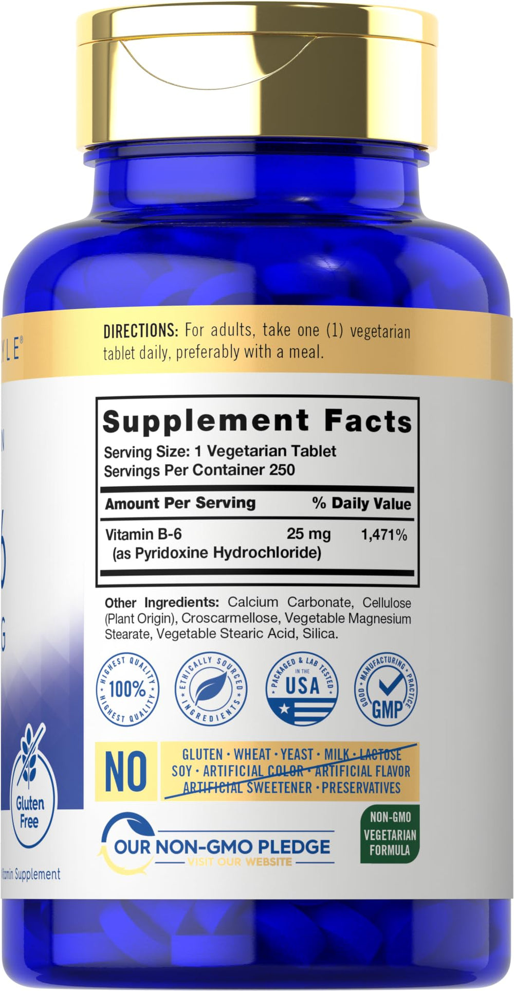 Ingredients list for Carlyle Vitamin B6 25 mg vegetarian tablets
